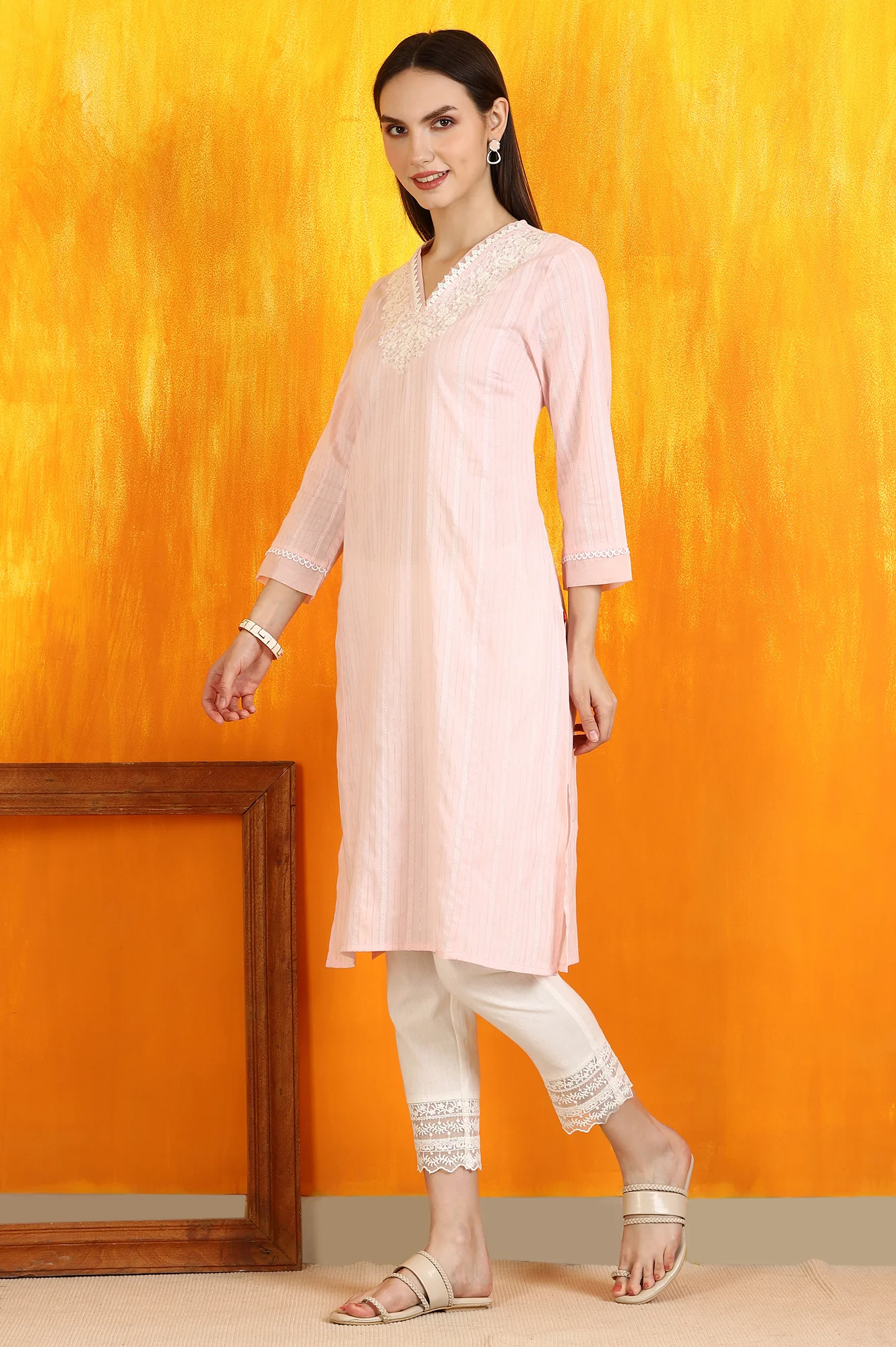 Light Pink Embroidered Cotton Lurex Straight Kurta - Image 5