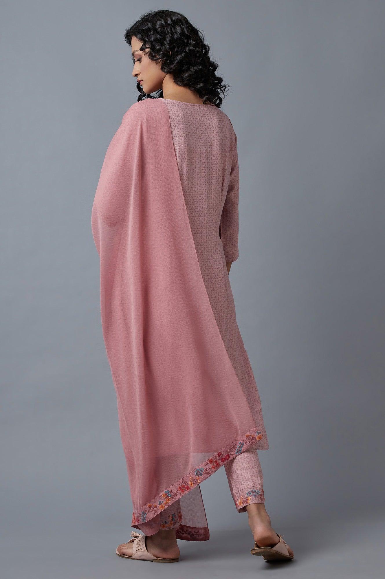 Light Pink Embroidered kurta In Round Neck With Straight Pants And Chiffon Dupatta - Image 2