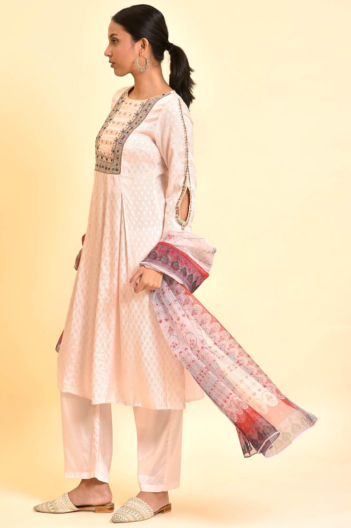 Light Pink Embroidered Kurta, Pants And Dupatta Set - Image 4