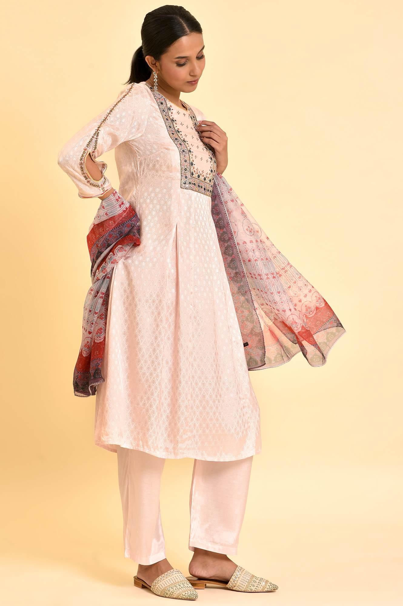 Light Pink Embroidered Kurta, Pants And Dupatta Set - Image 5
