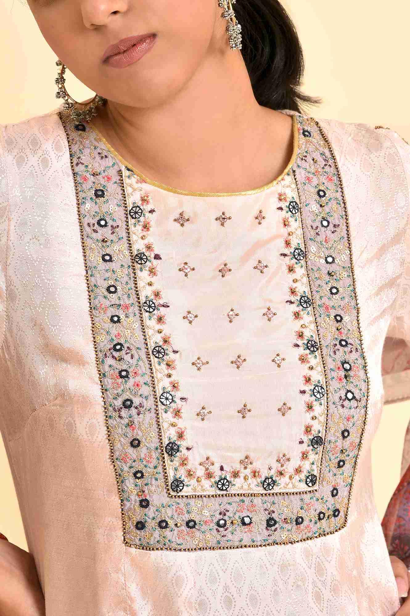 Light Pink Embroidered Kurta, Pants And Dupatta Set - Image 6