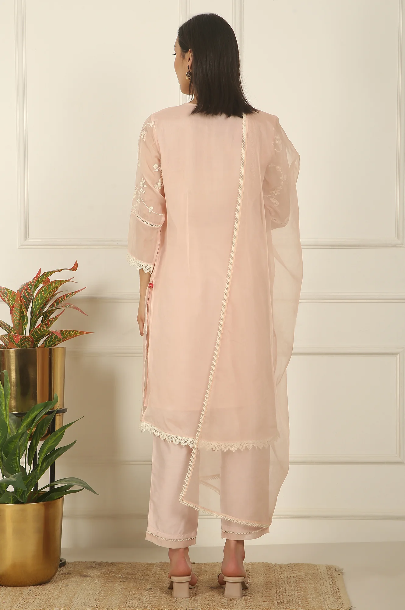 Light Pink Embroidered Organza Kurta, Pants and Dupatta Set - Image 5