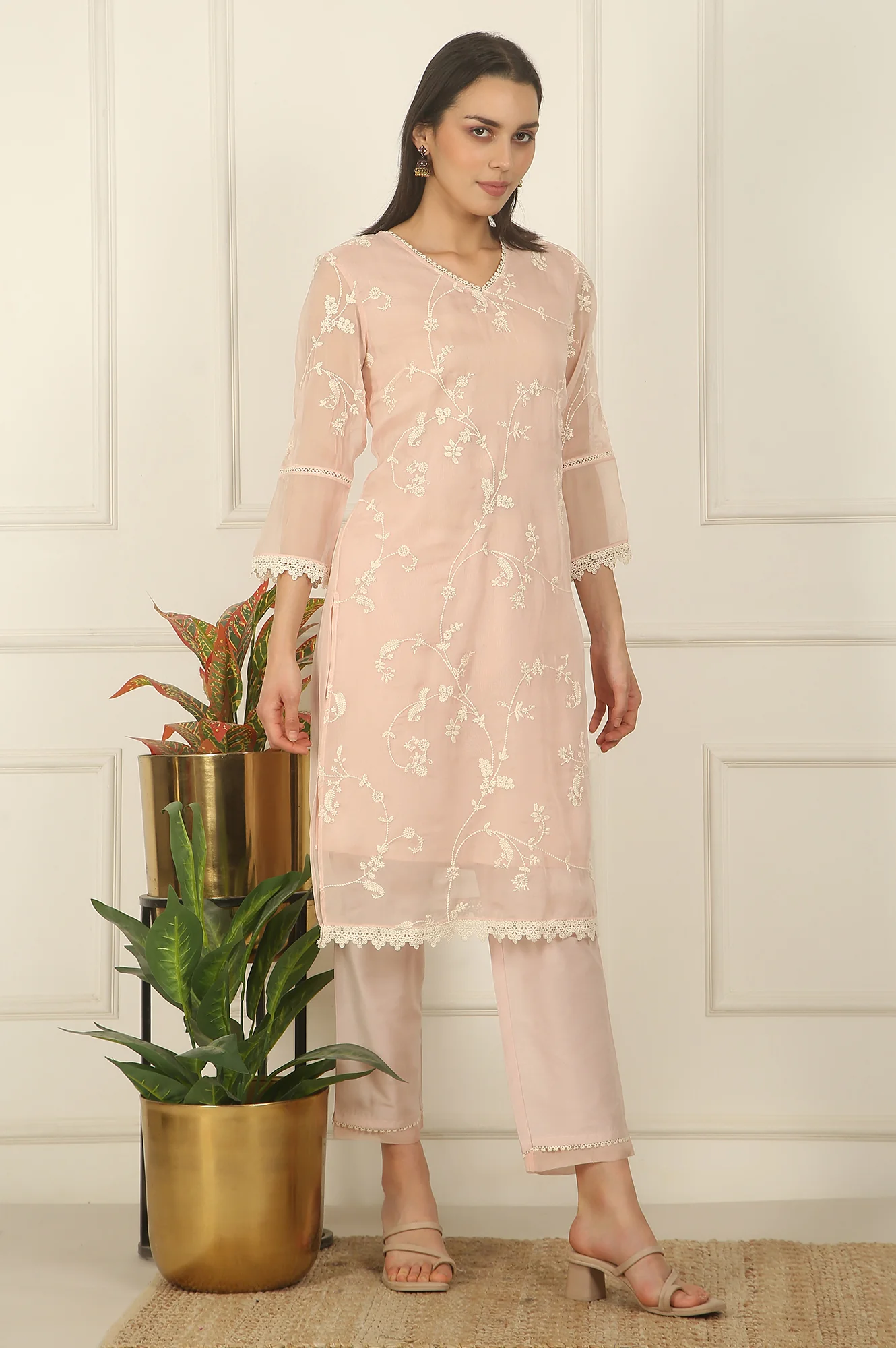 Light Pink Embroidered Organza Kurta, Pants and Dupatta Set - Image 6