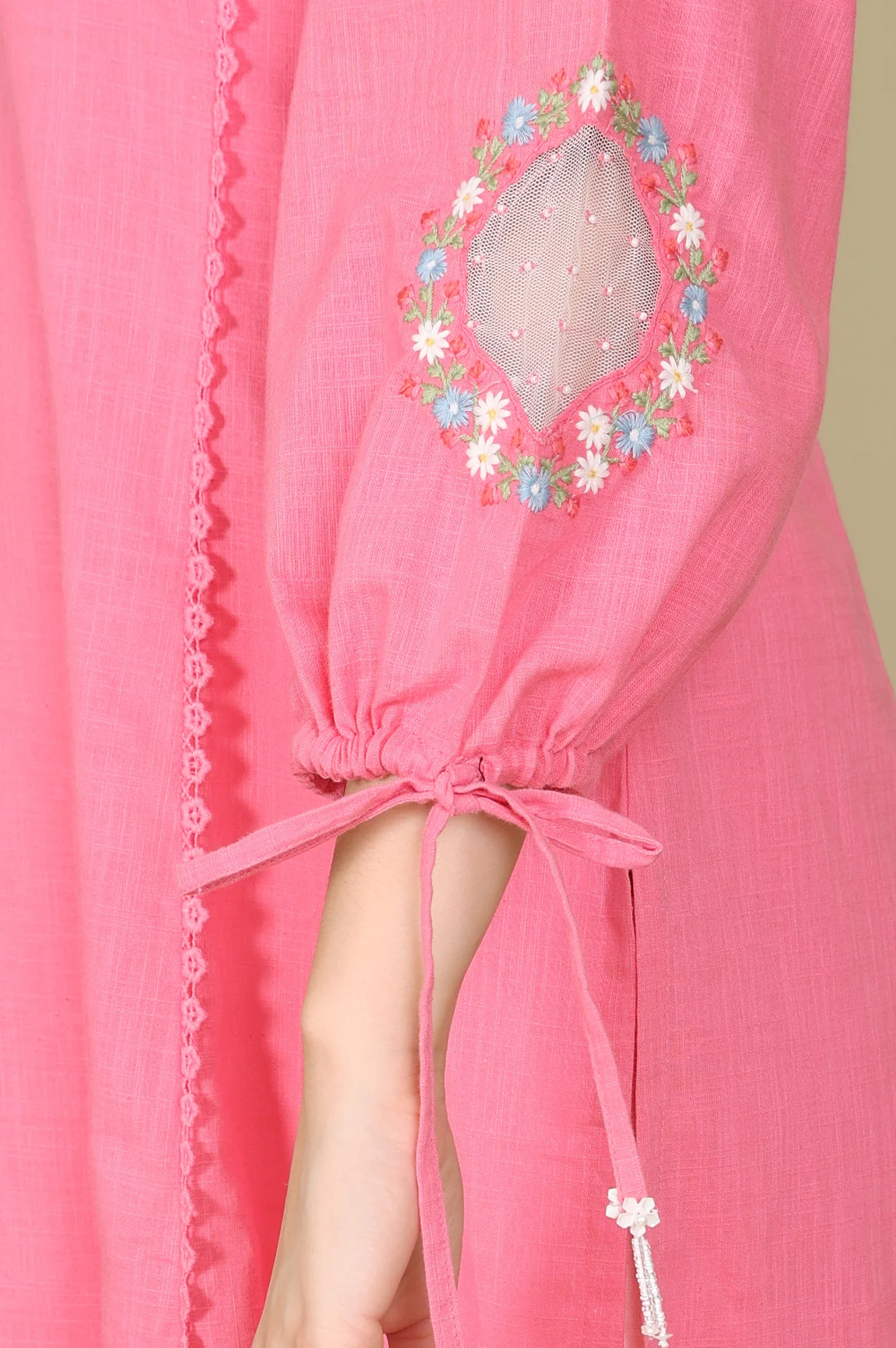 Light Pink Floral Embroidered Pure Cotton Textured Straight Kurta - Image 7