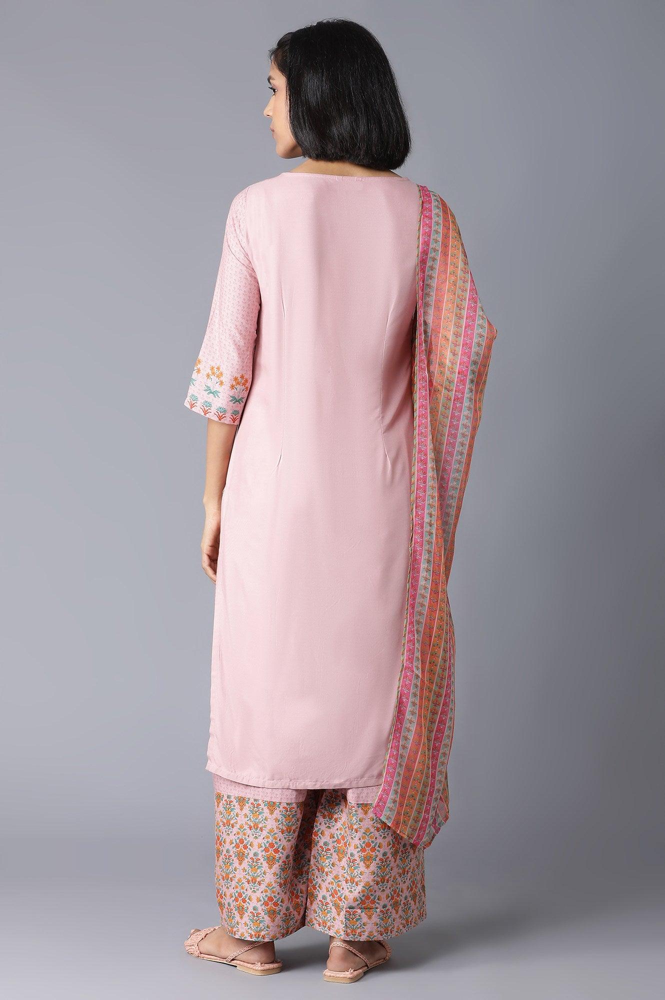 Light Pink Floral kurta in Round Neck with Parallel Pants and Dupatta - Image 2