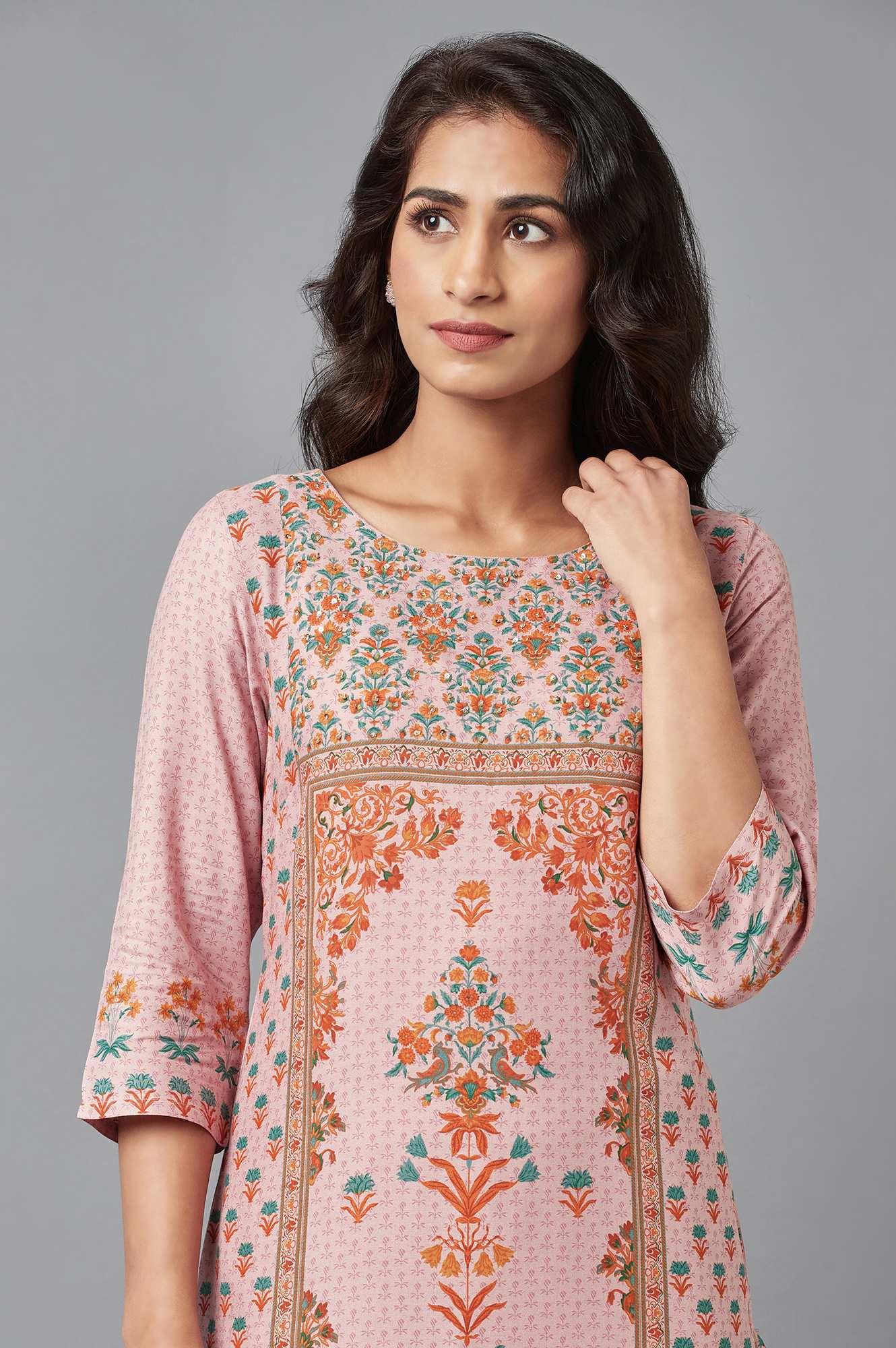 Light Pink Floral kurta with Sequin Work - Image 6
