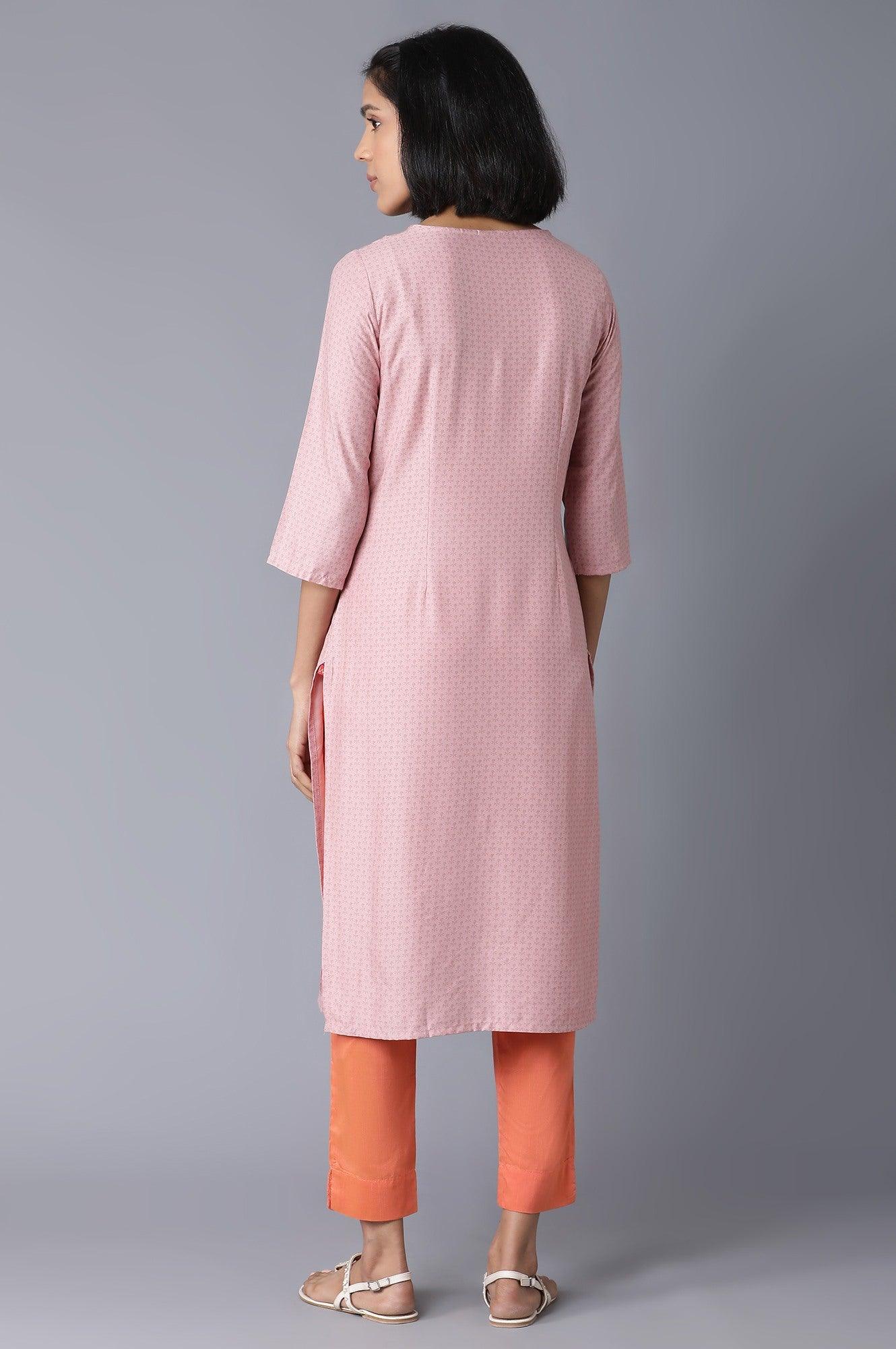 Light Pink Floral Print kurta With Thread Embroidery - Image 2