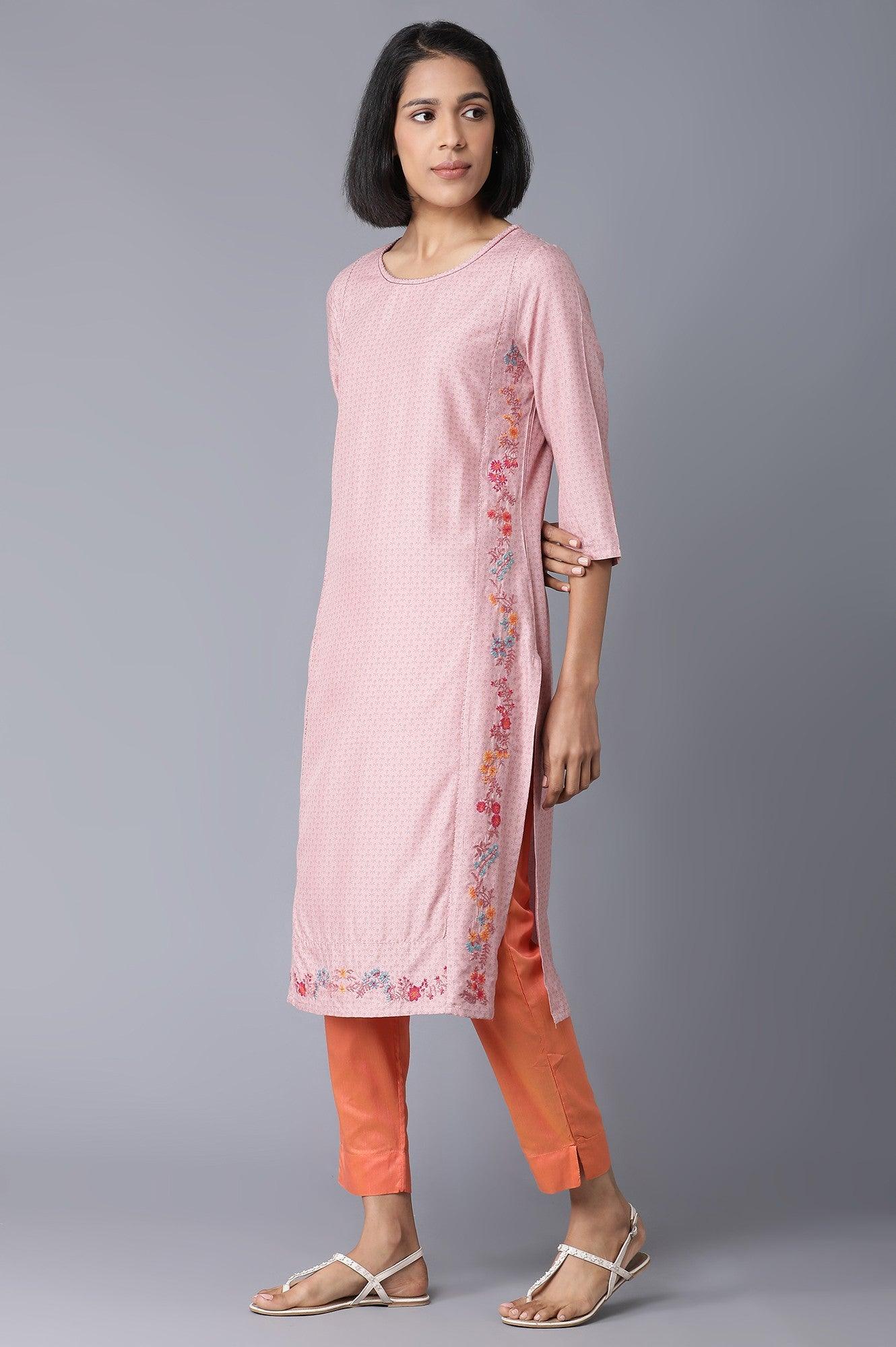 Light Pink Floral Print kurta With Thread Embroidery - Image 3