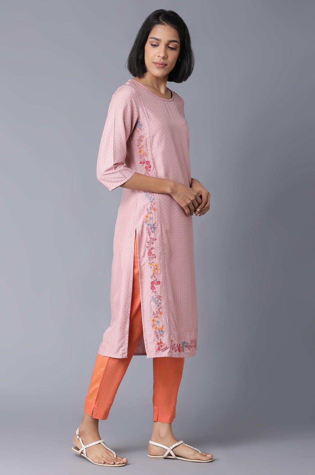 Light Pink Floral Print kurta With Thread Embroidery - Image 4