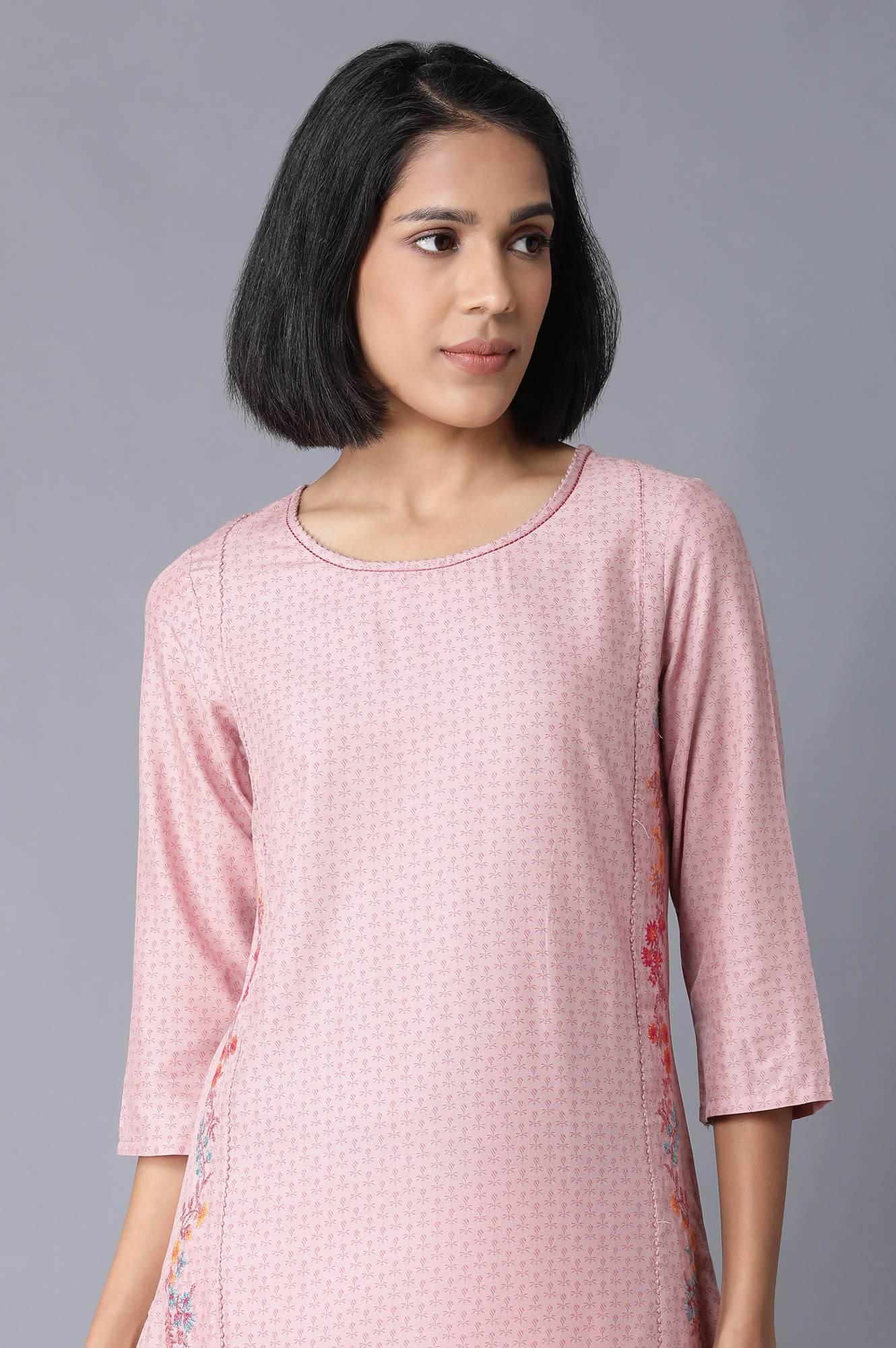 Light Pink Floral Print kurta With Thread Embroidery - Image 5