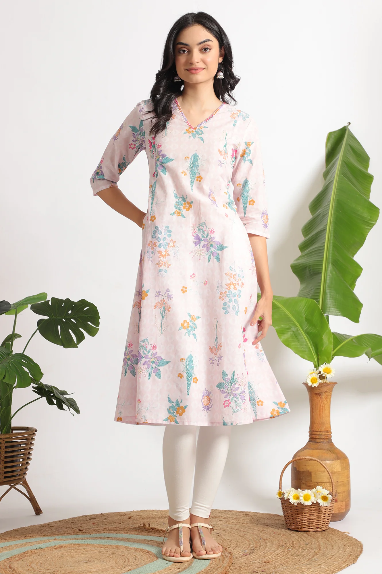 Light Pink Floral Printed A-line Pure Cotton Kurta and Leggings Set - Image 2
