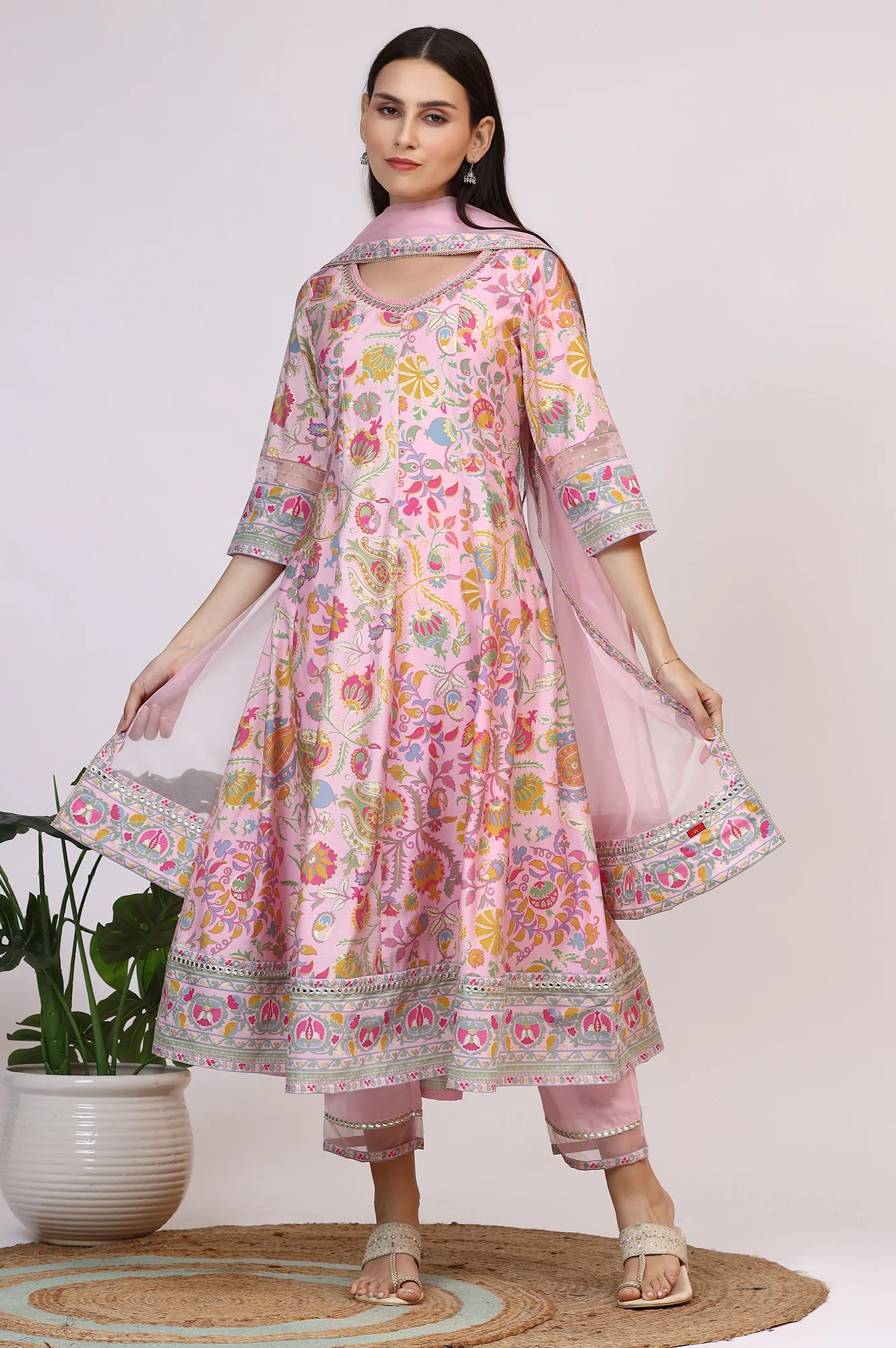 Light Pink Floral Printed Muslin Anarkali Kurta, Pants and Dupatta Set - Image 2