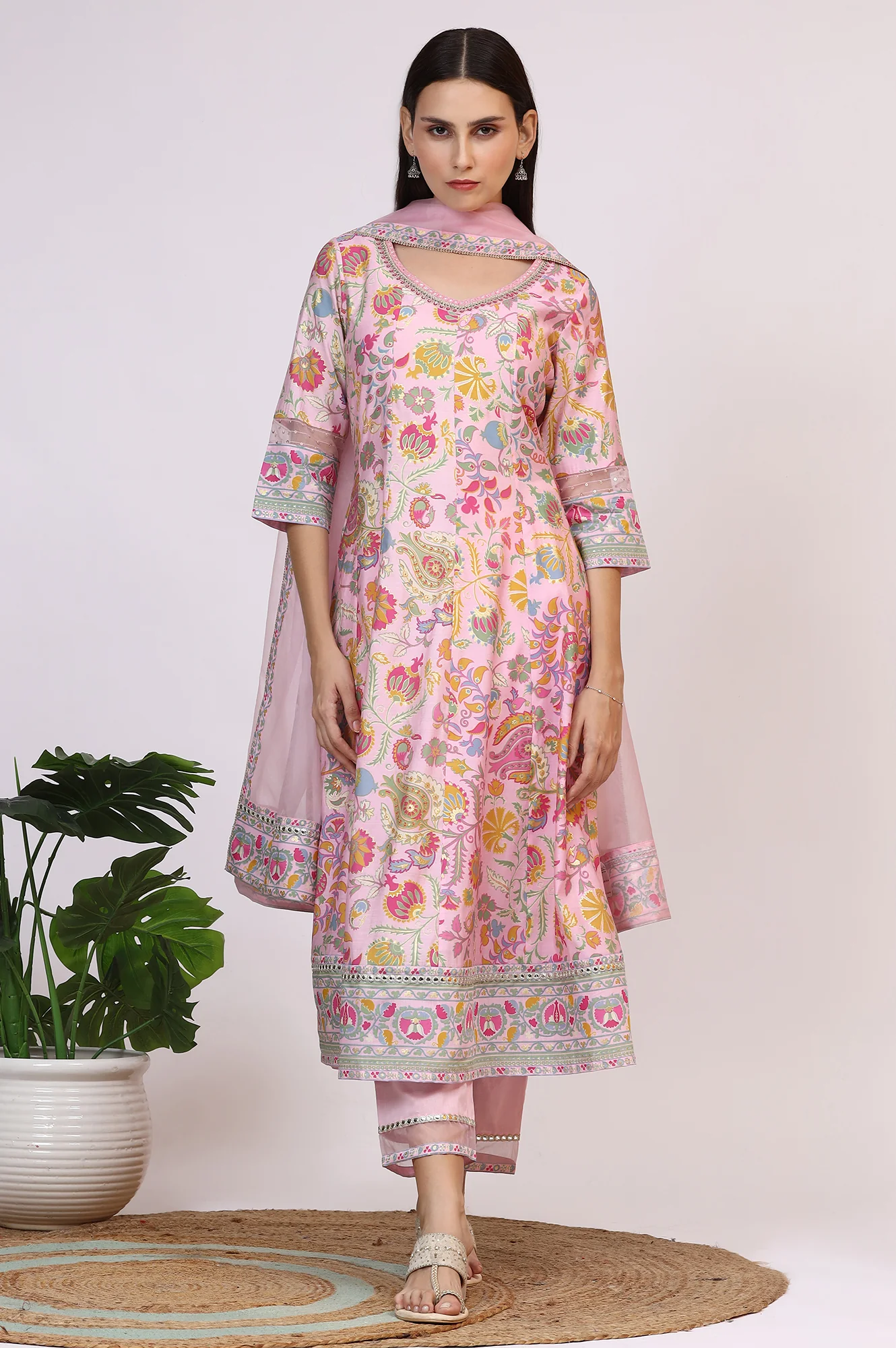 Light Pink Floral Printed Muslin Anarkali Kurta, Pants and Dupatta Set - Image 3