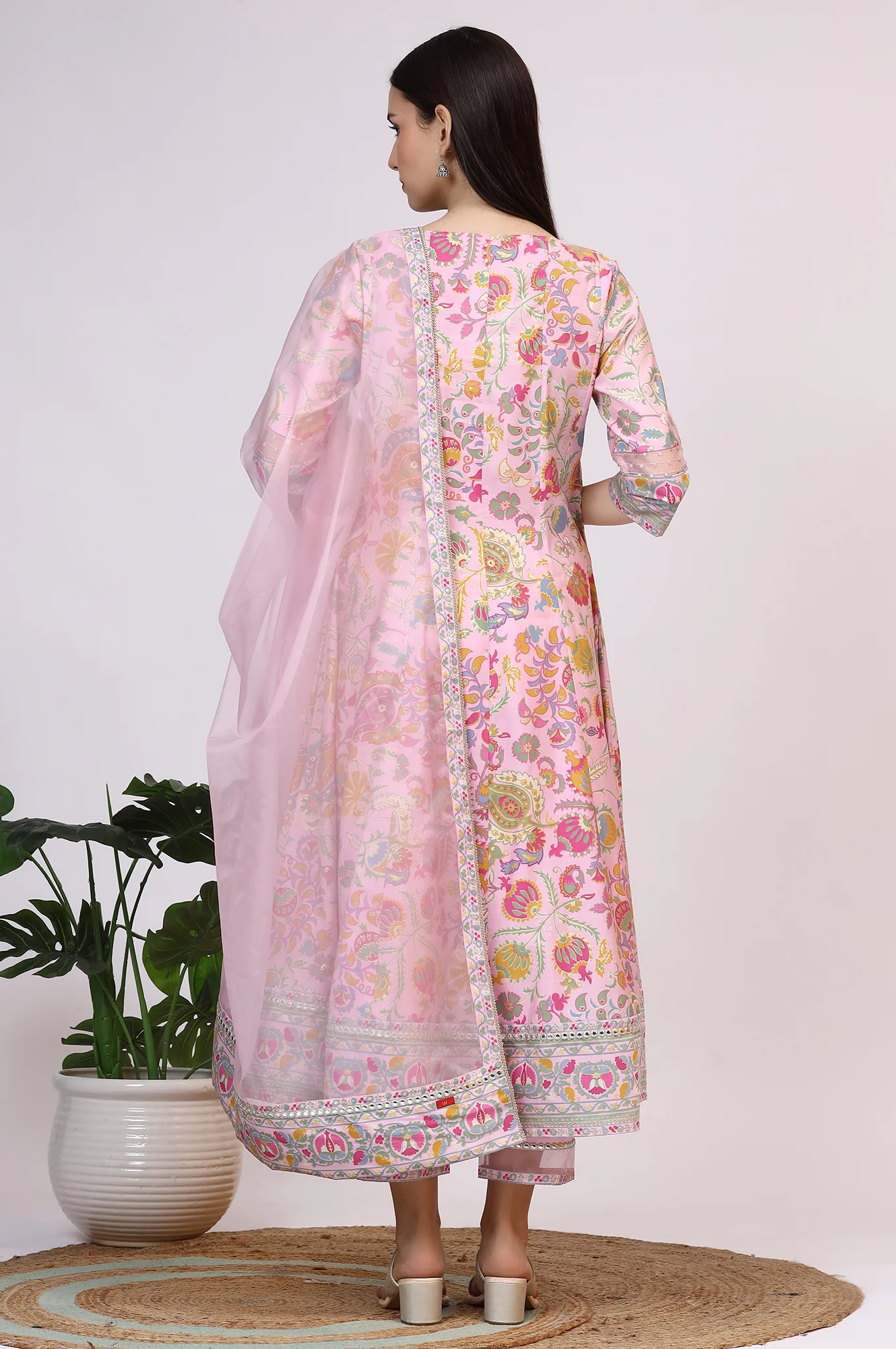 Light Pink Floral Printed Muslin Anarkali Kurta, Pants and Dupatta Set - Image 6