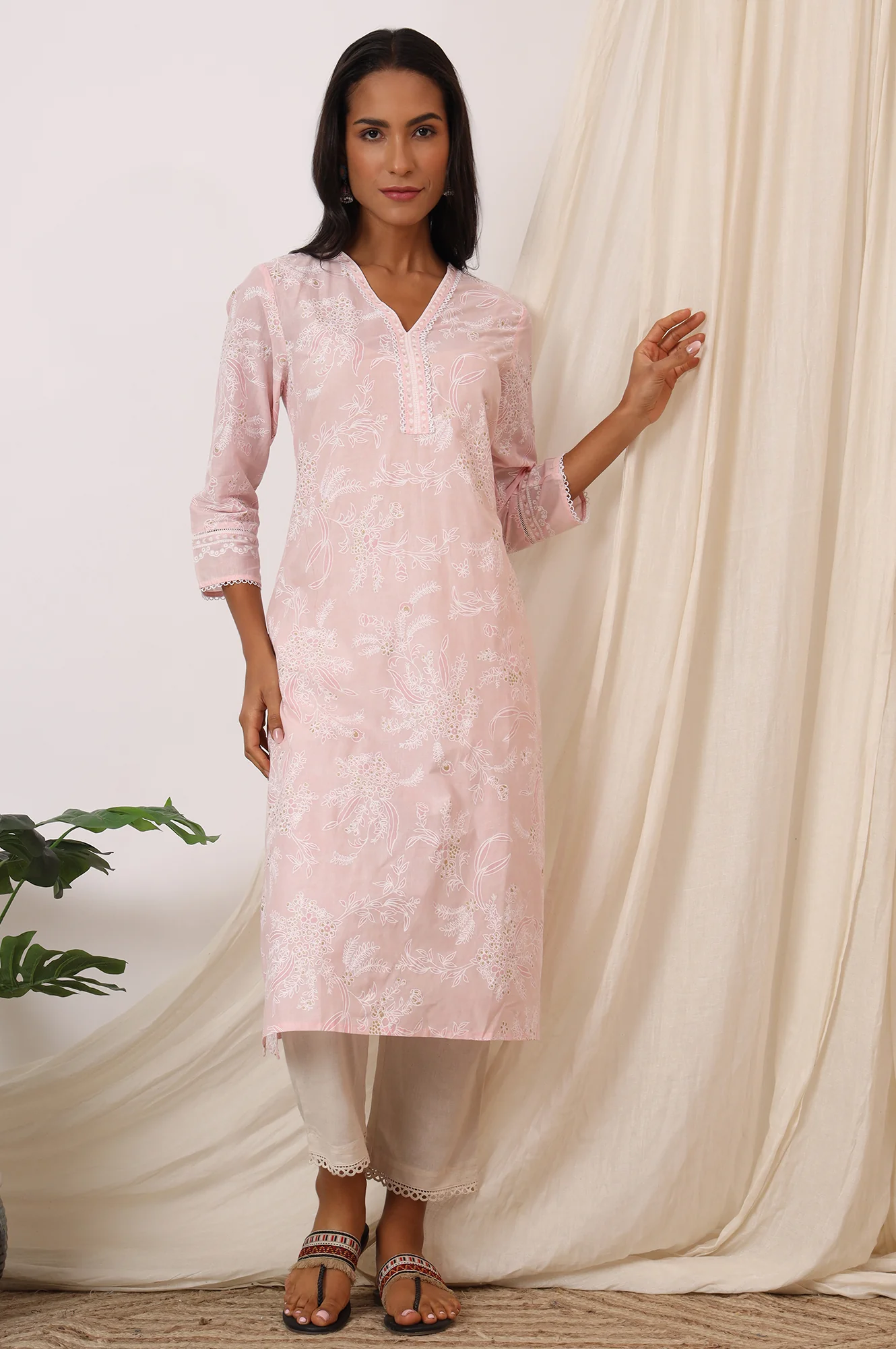 Light Pink Floral Printed Pure Cotton A-line Kurta with Lace - Image 2