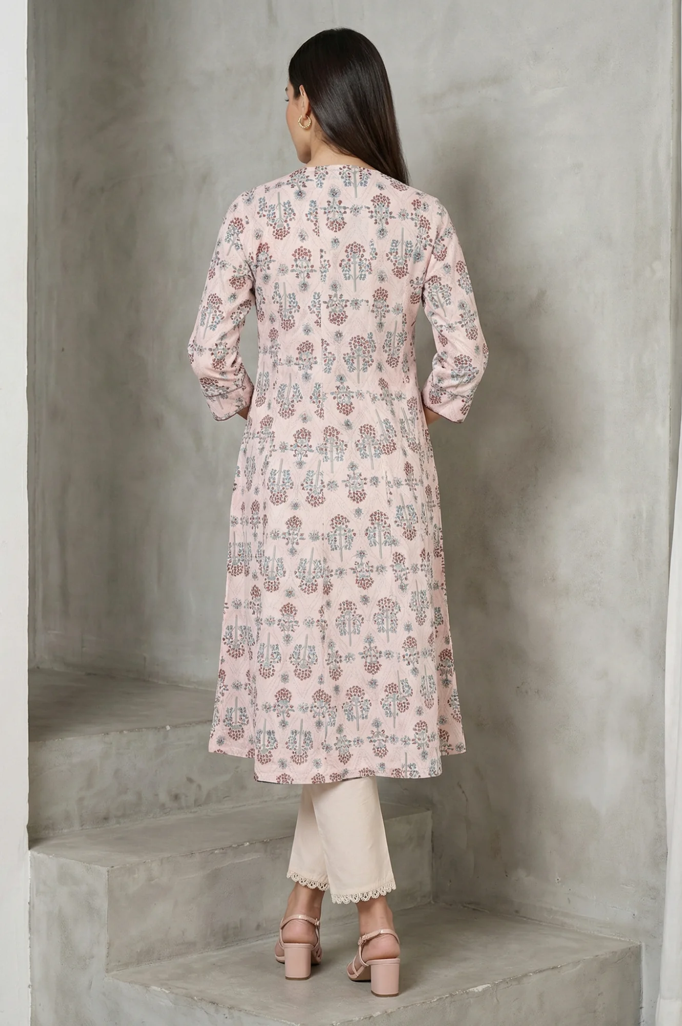Light Pink Floral Printed Sequins Pure Cotton A-line Kurta - Image 5