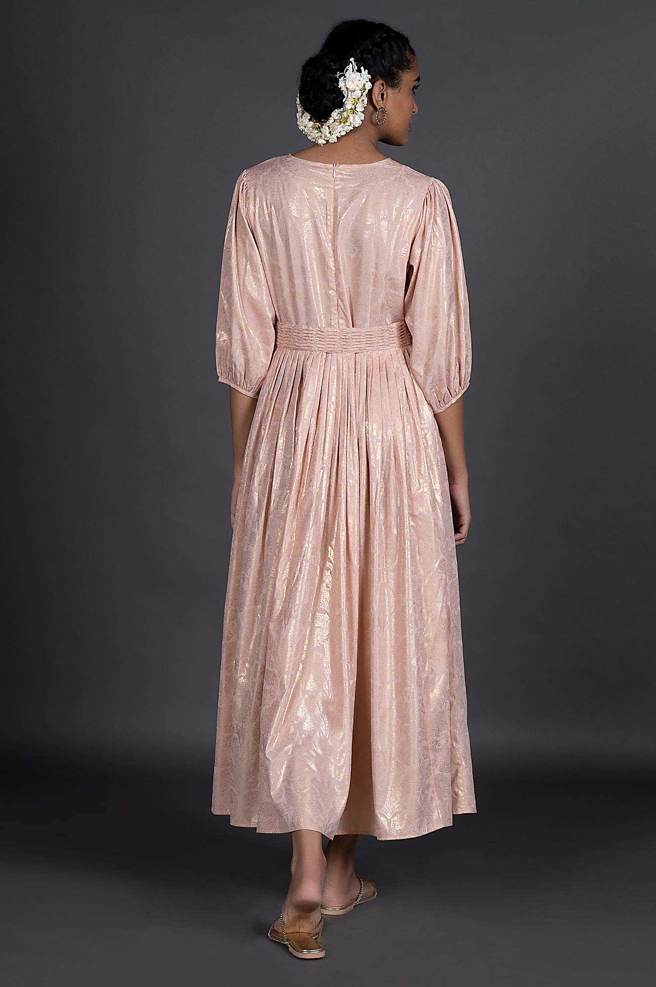 Light Pink Foil Printed Pleated Dress With Belt - Image 2