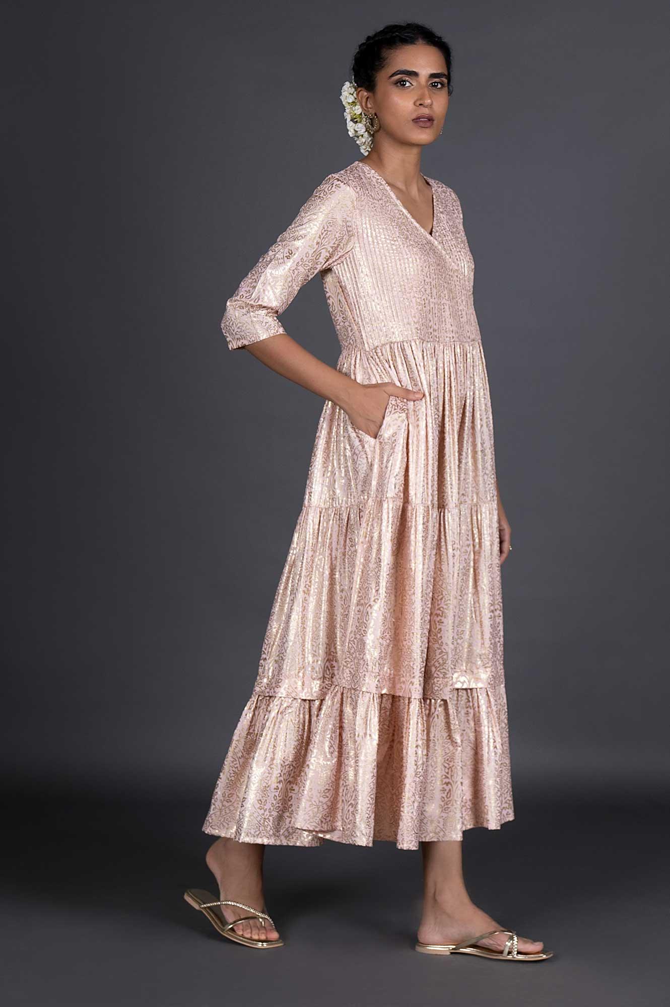 Light Pink Gold Printed Festive Dress - Image 4