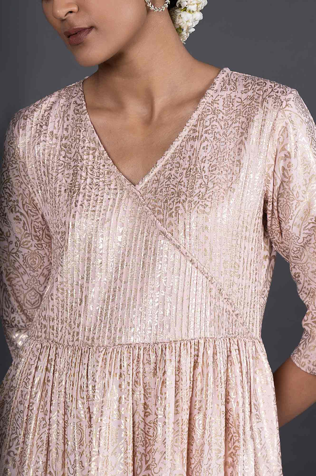 Light Pink Gold Printed Festive Dress - Image 6
