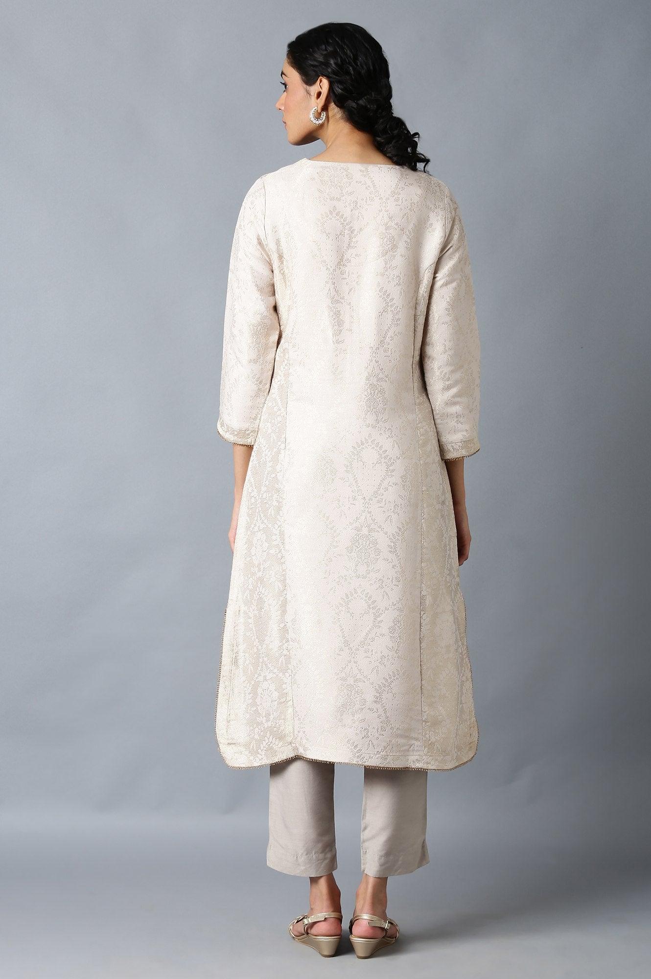 Light Pink Jacquard kurta In Round Neck - Image 2