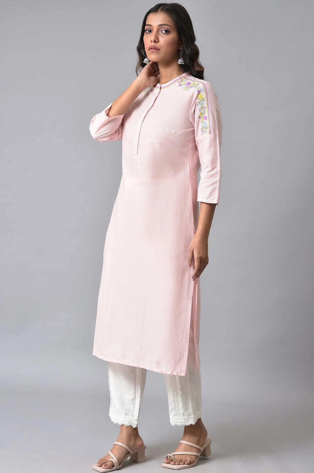 Light Pink Embroidered Pure Cotton Kurta and Lace Pants Set for Women - Image 3