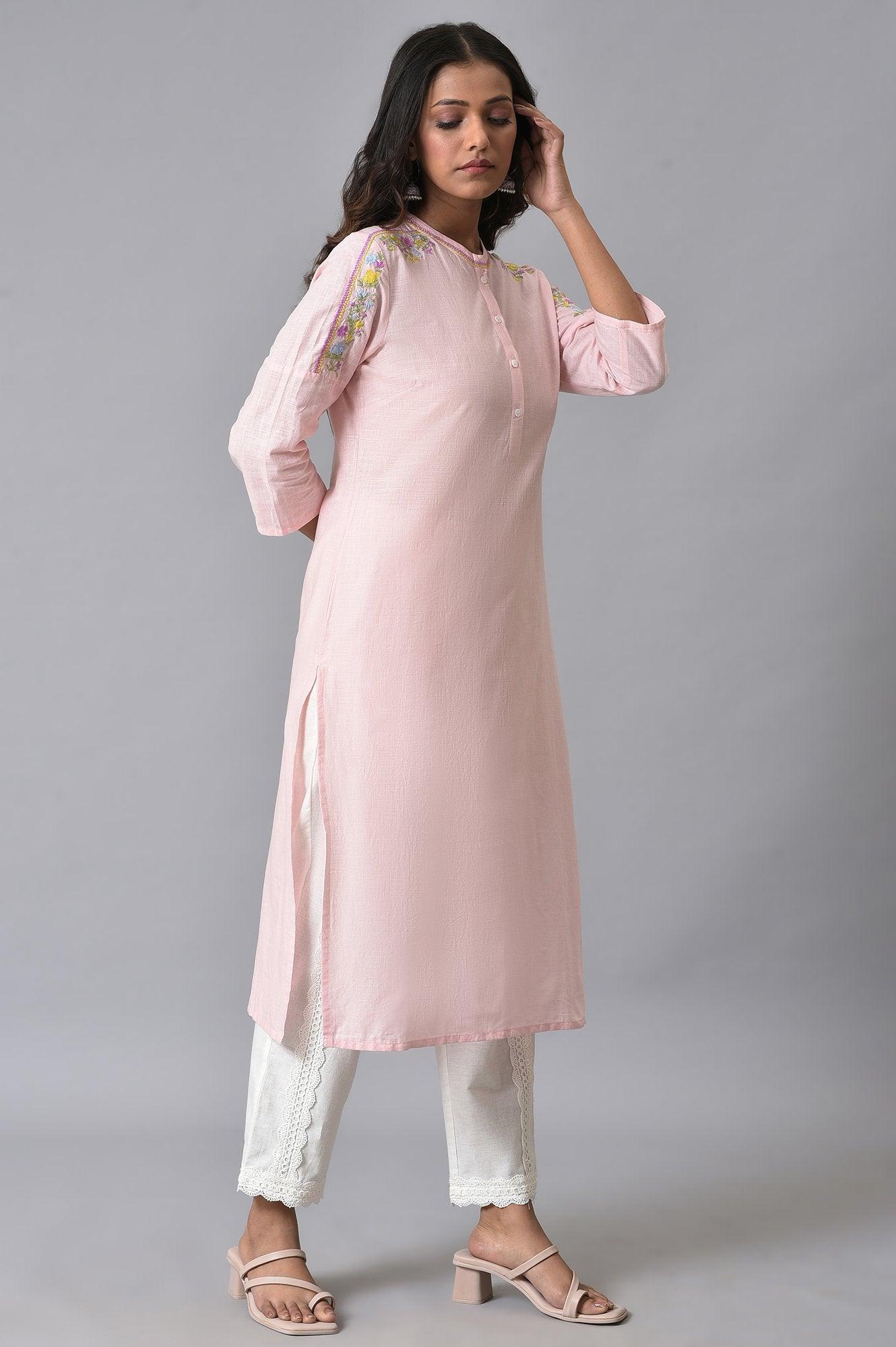 Light Pink Embroidered Pure Cotton Kurta and Lace Pants Set for Women - Image 4