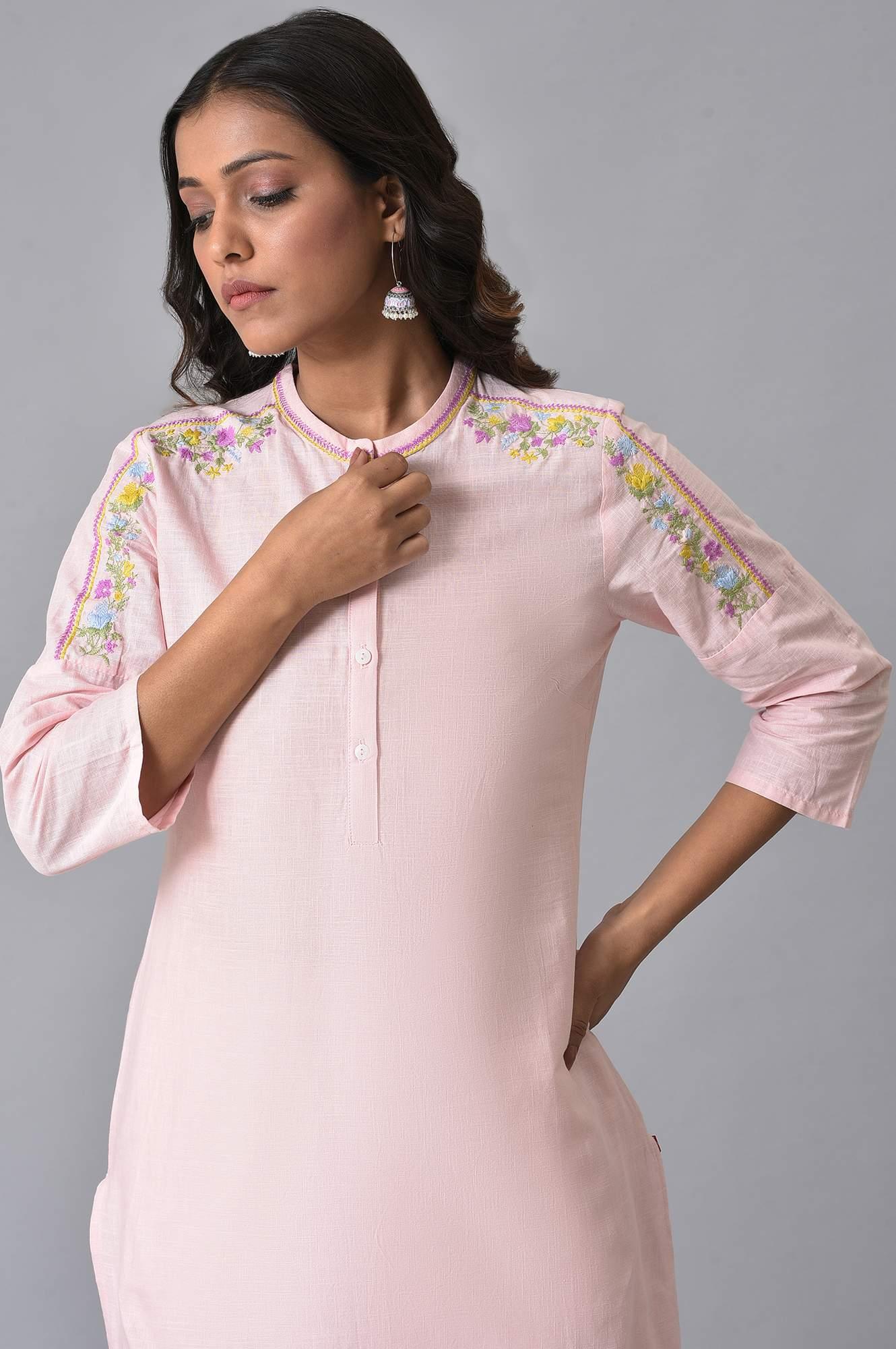 Light Pink Embroidered Pure Cotton Kurta and Lace Pants Set for Women - Image 5