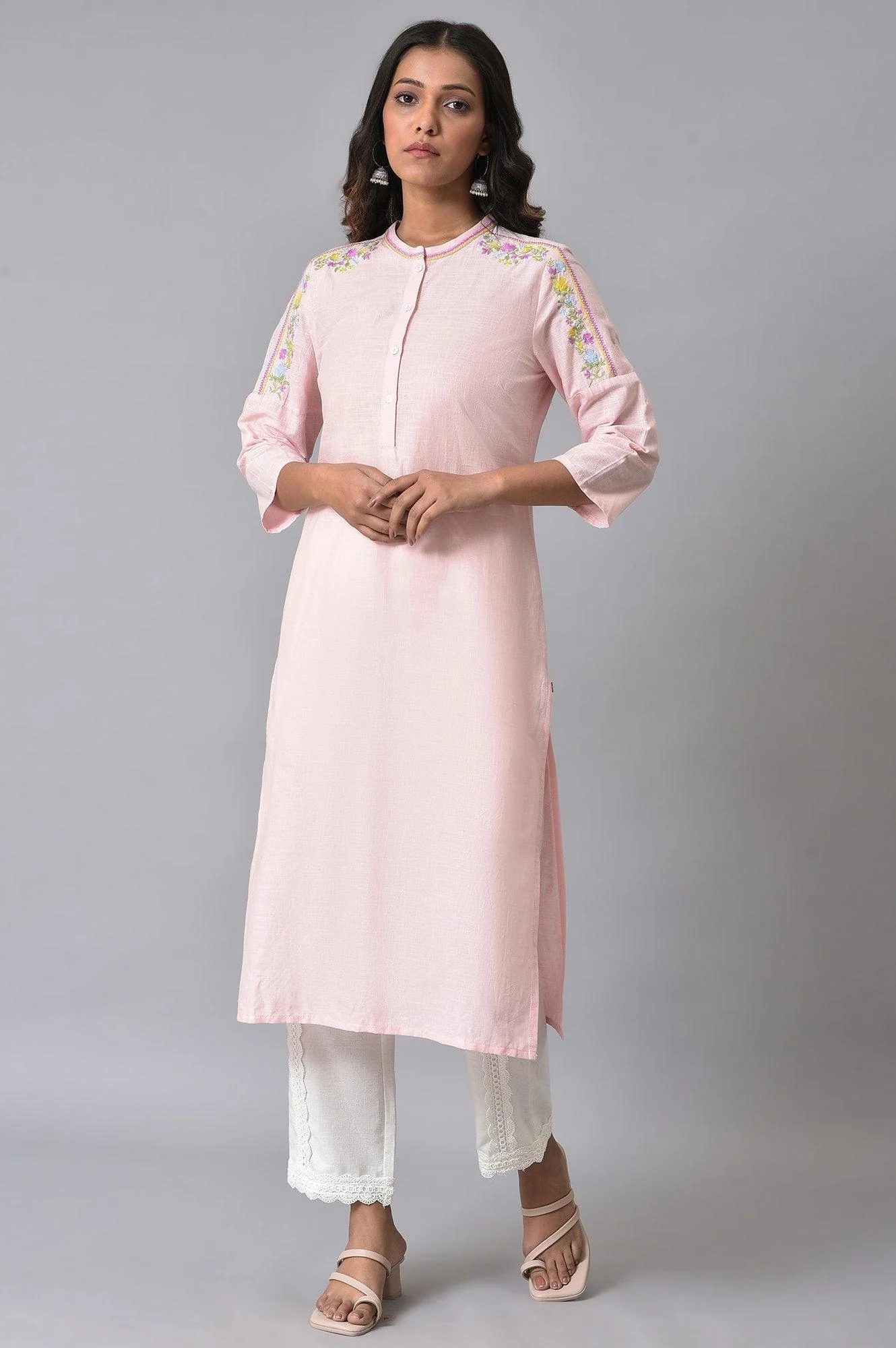 Light Pink Embroidered Pure Cotton Kurta and Lace Pants Set for Women - Image 9