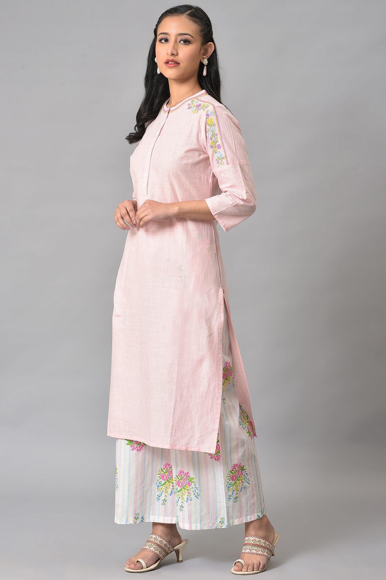 Light Pink Mandarin Collar kurta With Embroidery - Image 3