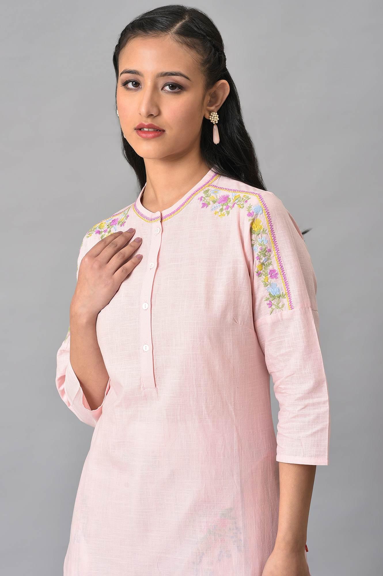 Light Pink Mandarin Collar kurta With Embroidery - Image 5