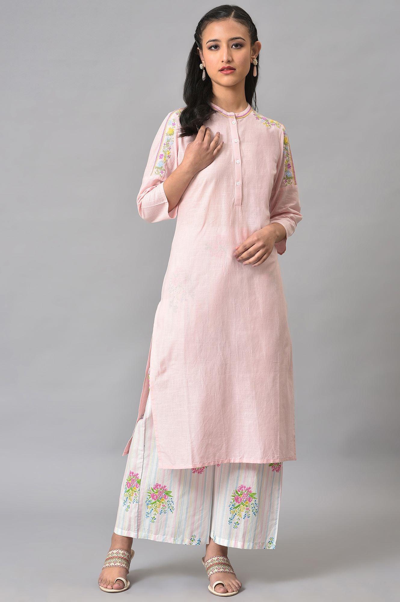 Light Pink Mandarin Collar kurta With Embroidery - Image 6