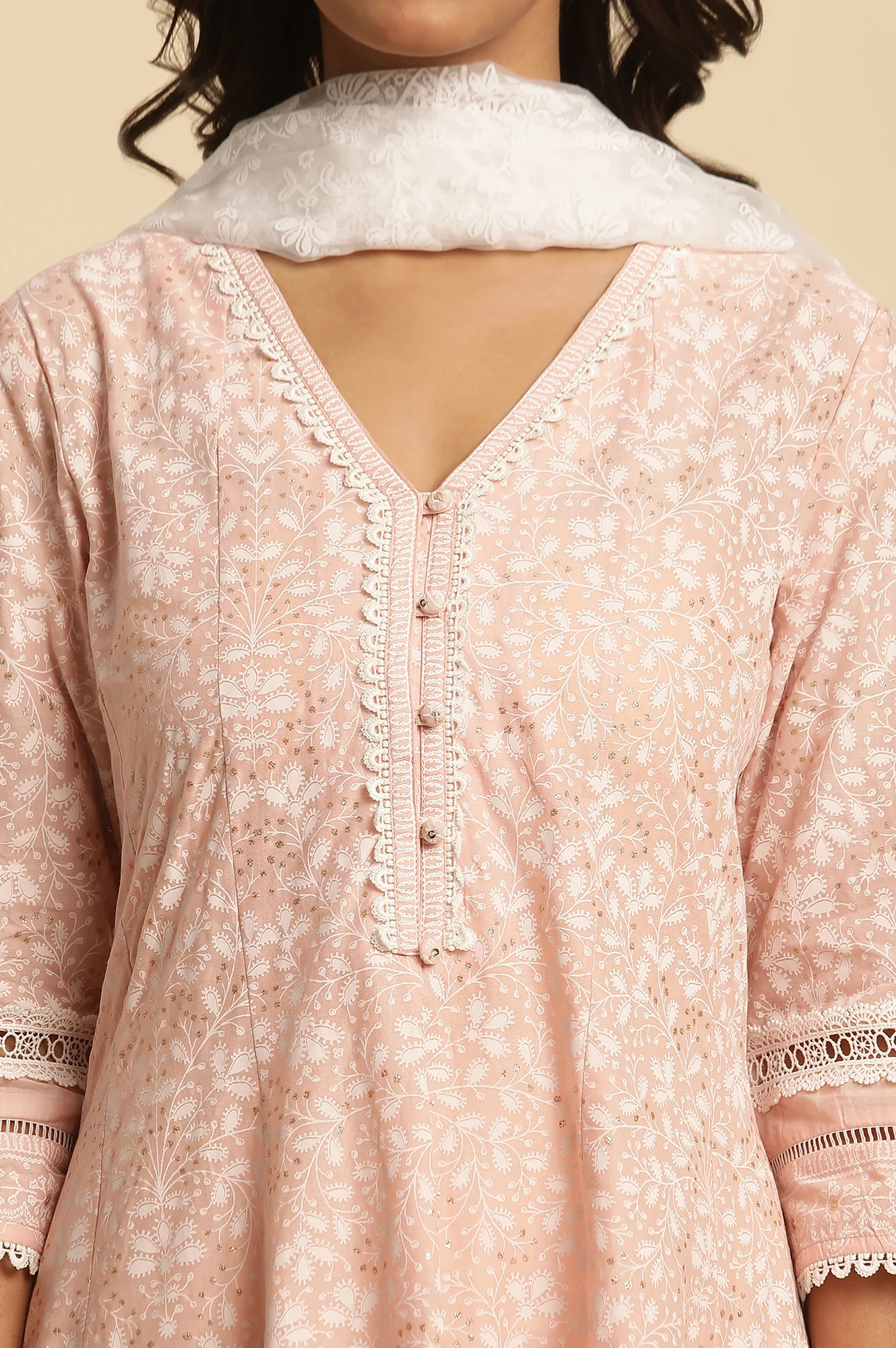 Light Pink Panelled Printed Kurta, Pants And Dupatta Set - Image 7