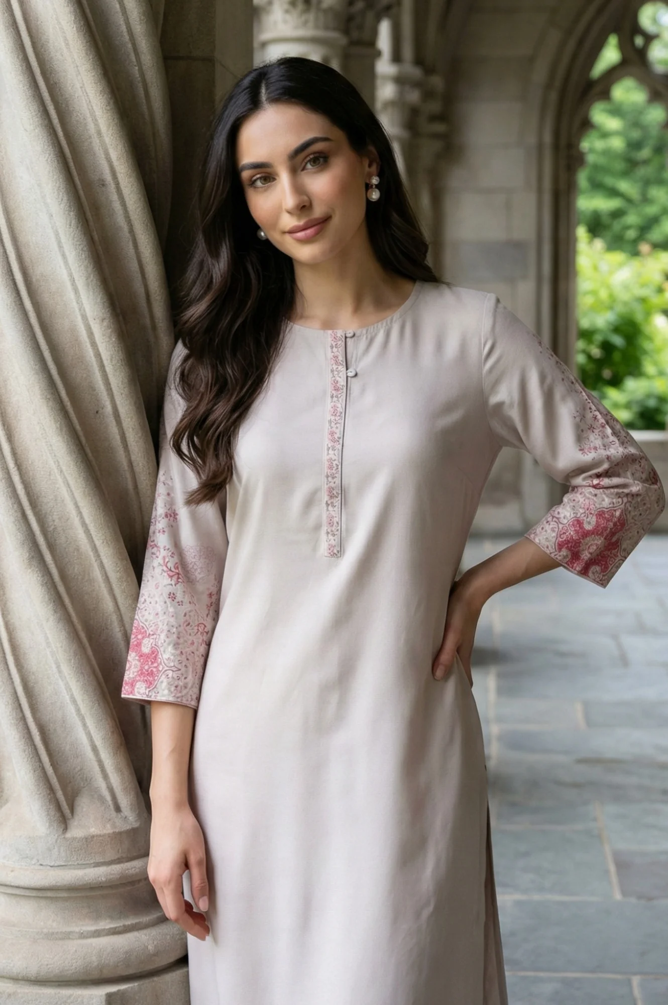 Light Pink Rayon Straight Kurta with Floral Printed Sleeves - Image 2