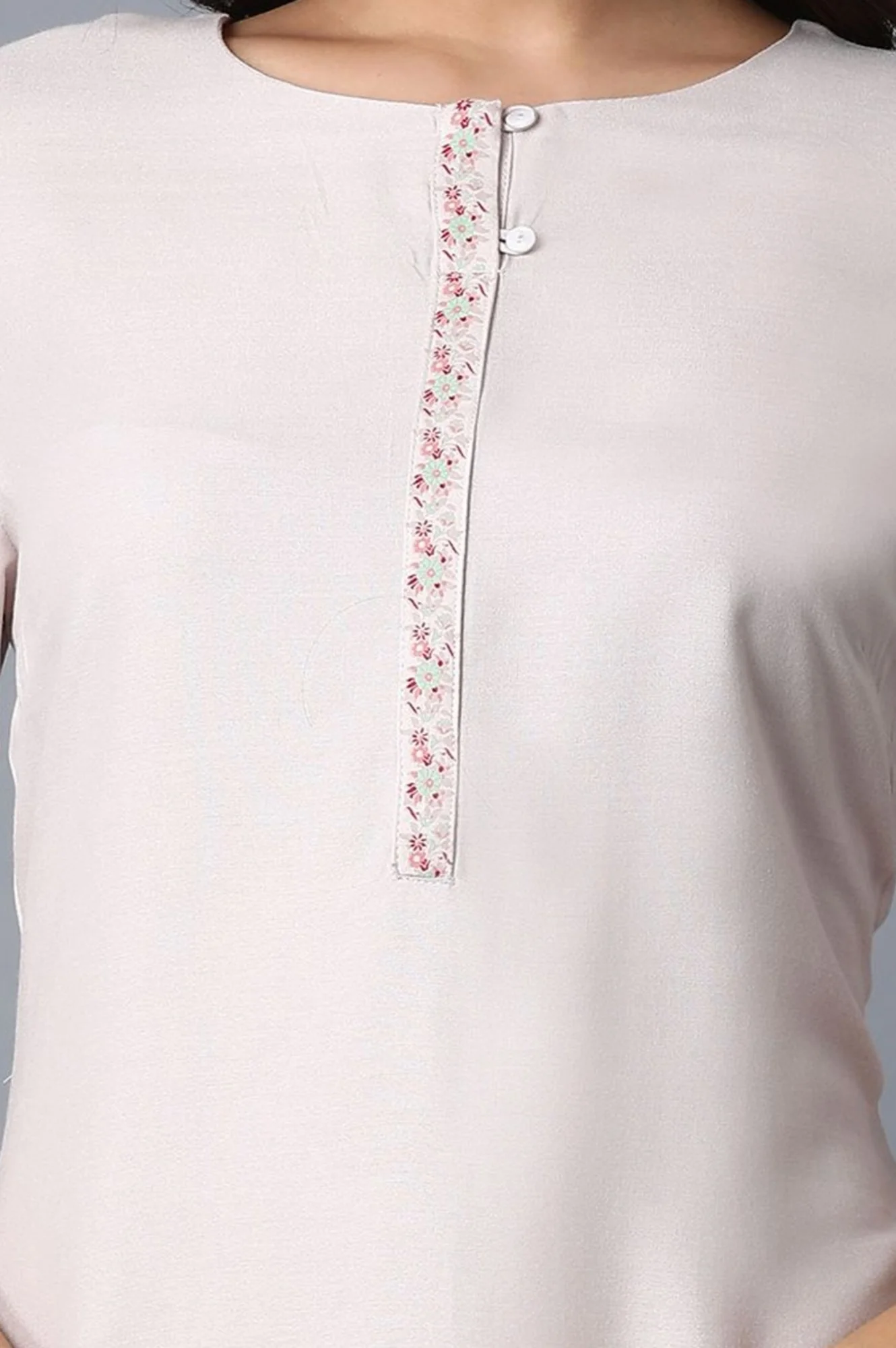 Light Pink Rayon Straight Kurta with Floral Printed Sleeves - Image 3