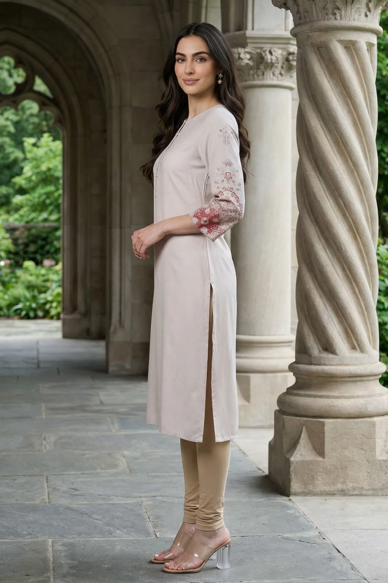 Light Pink Rayon Straight Kurta with Floral Printed Sleeves - Image 4