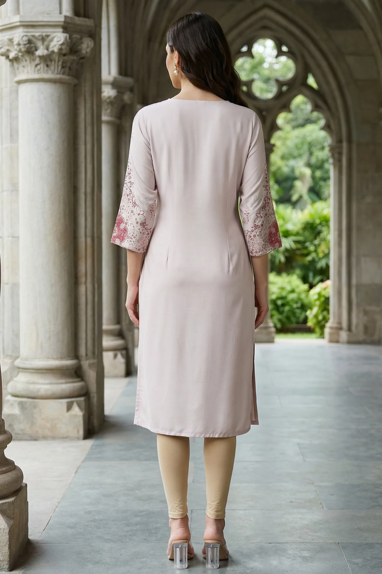 Light Pink Rayon Straight Kurta with Floral Printed Sleeves - Image 6
