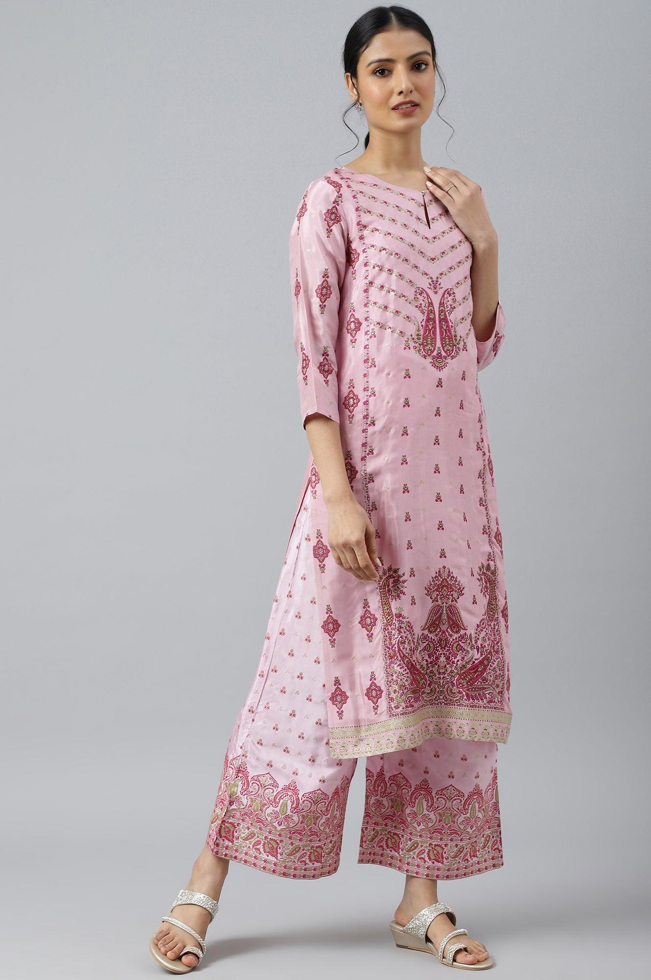 Light Pink Shantung Printed Parallel Pants - Image 4