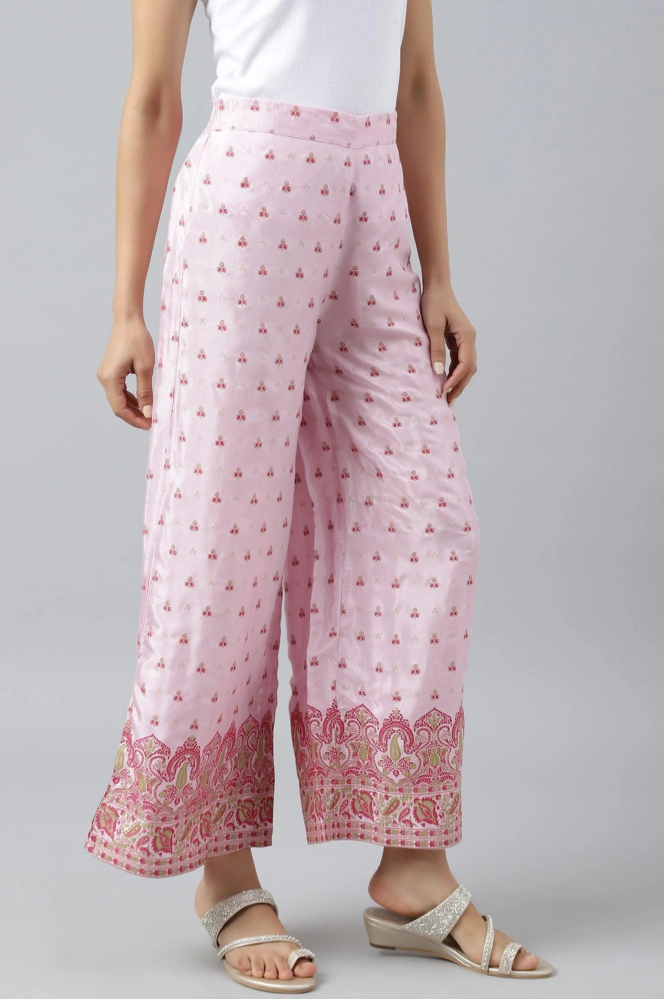 Light Pink Shantung Printed Parallel Pants - Image 5