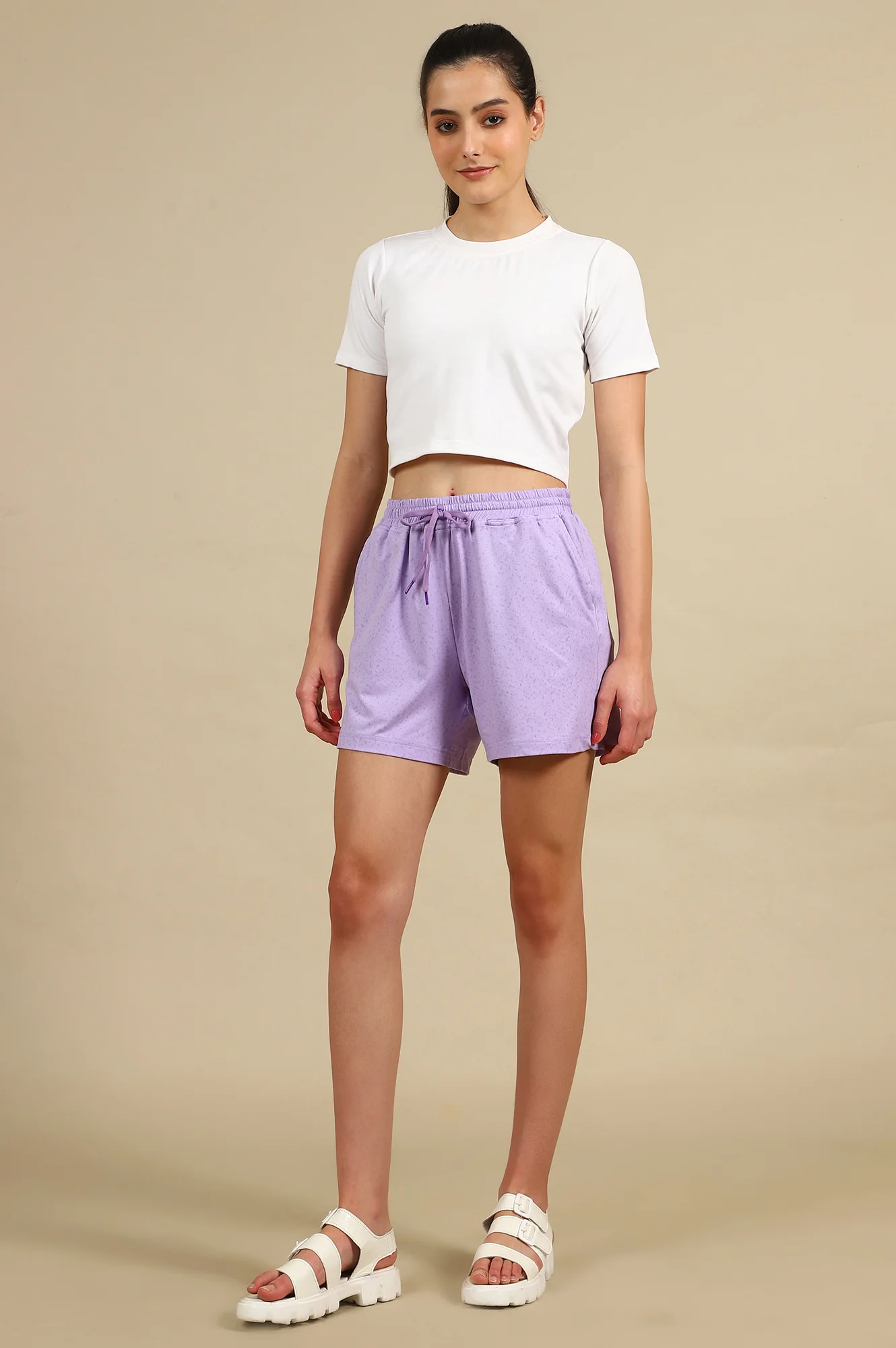 Elleven Women's Lavender Abstract Printed Loose-fit Knit Shorts with Drawstring - Image 5