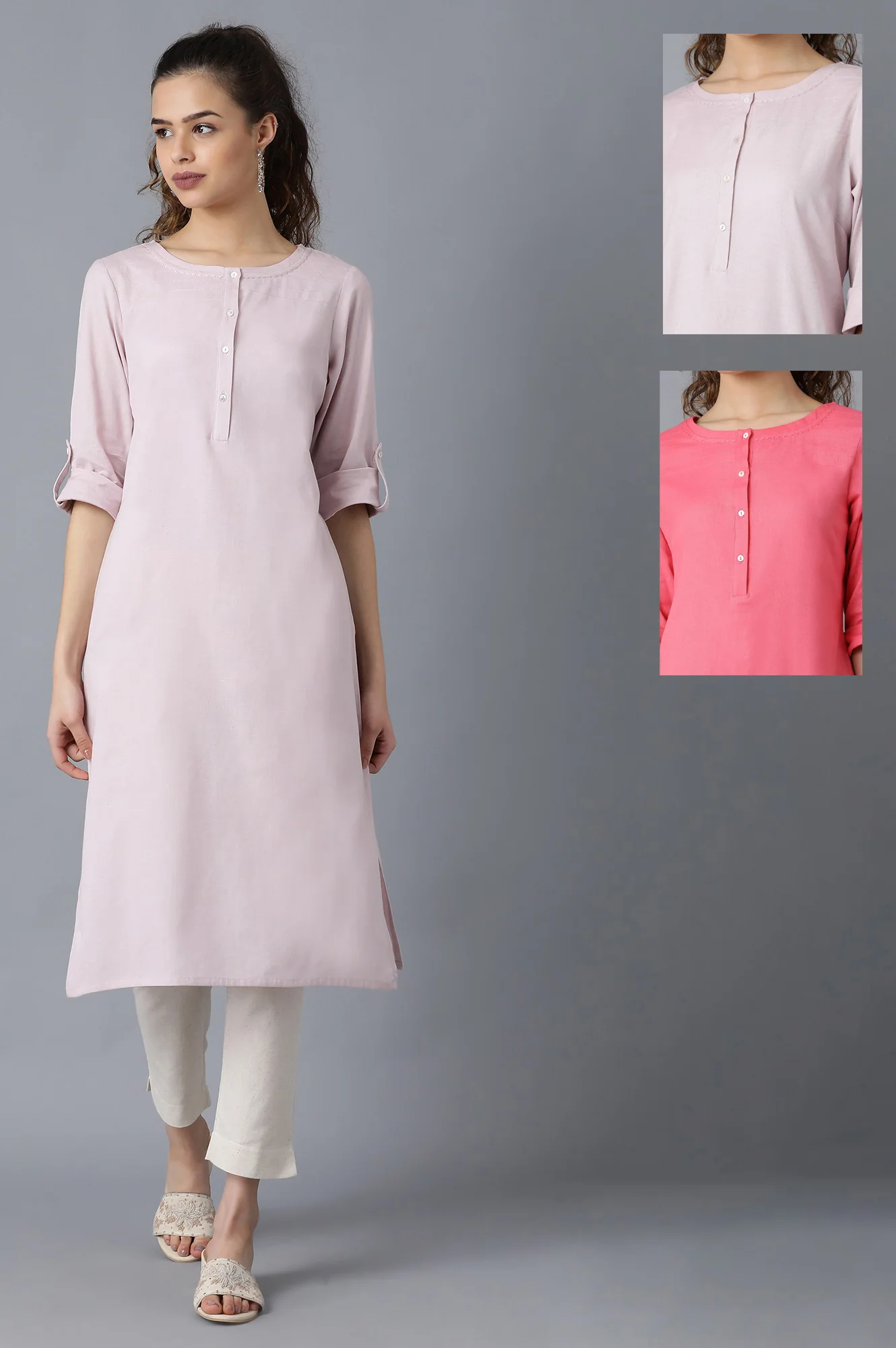 Light Purple And Pink Solid Thread Work Straight Cotton Flax Kurta Combo