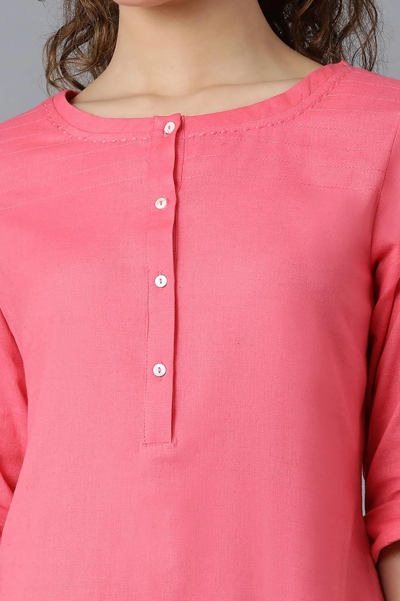 Light Purple And Pink Solid Thread Work Straight Cotton Flax Kurta Combo - Image 3