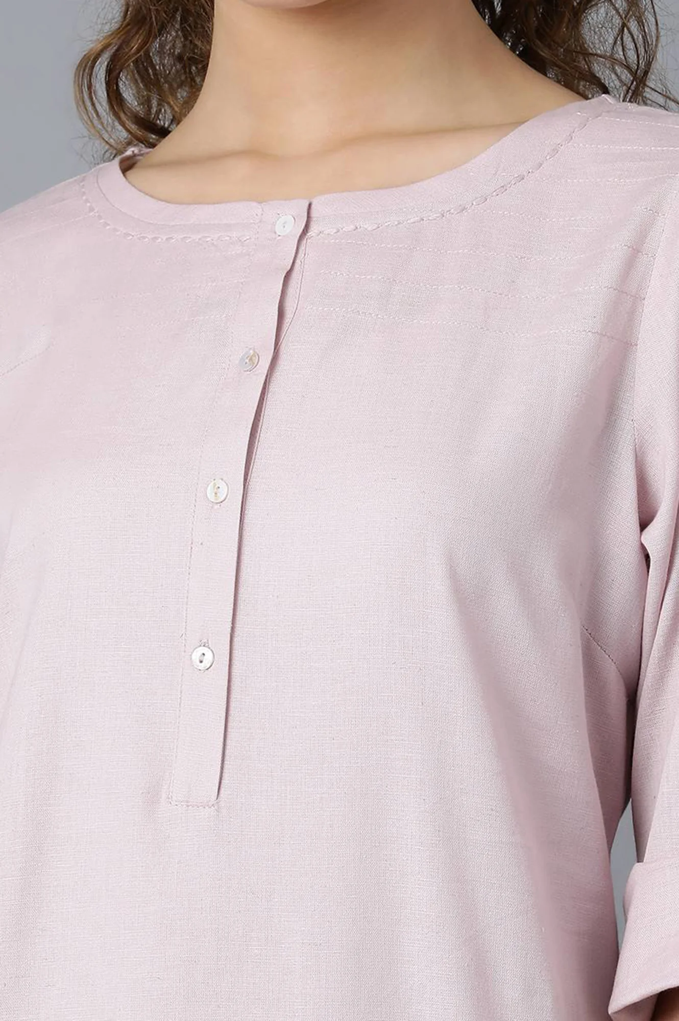 Light Purple And Pink Solid Thread Work Straight Cotton Flax Kurta Combo - Image 4