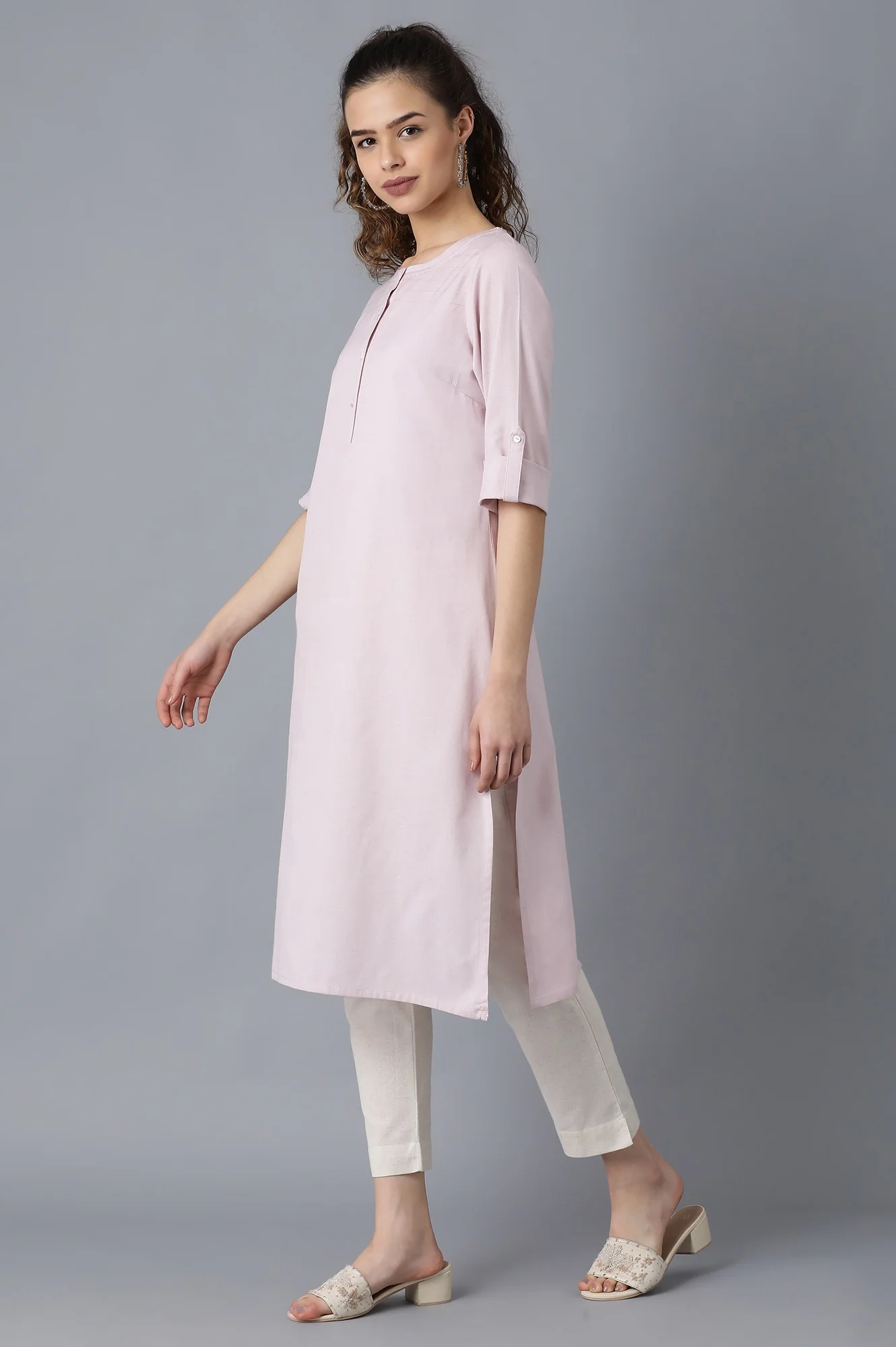 Light Purple And Pink Solid Thread Work Straight Cotton Flax Kurta Combo - Image 5
