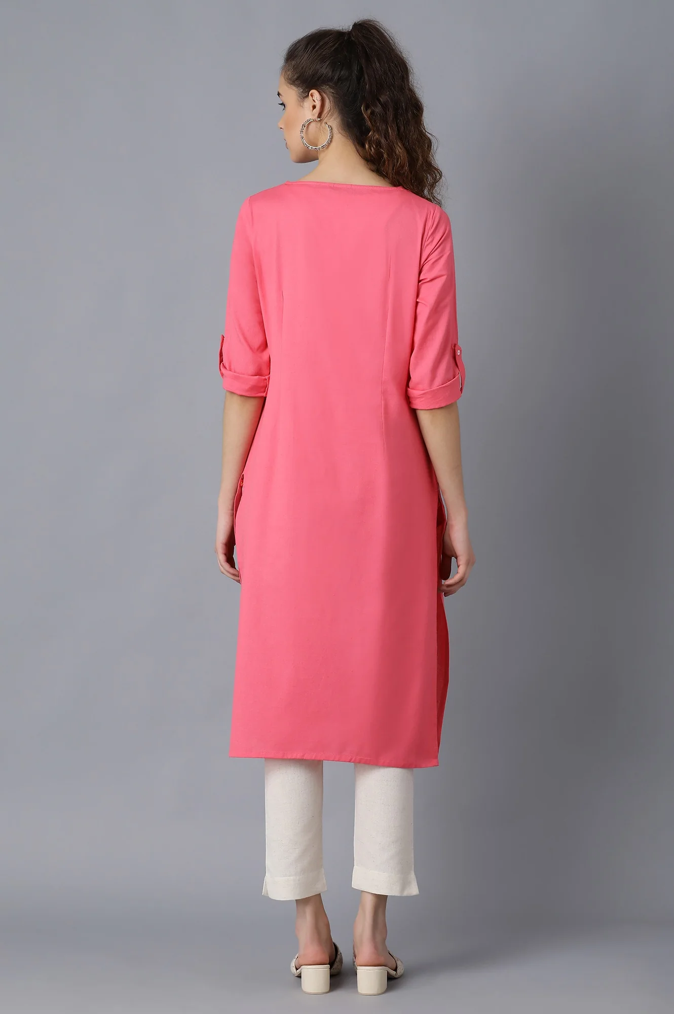 Light Purple And Pink Solid Thread Work Straight Cotton Flax Kurta Combo - Image 6