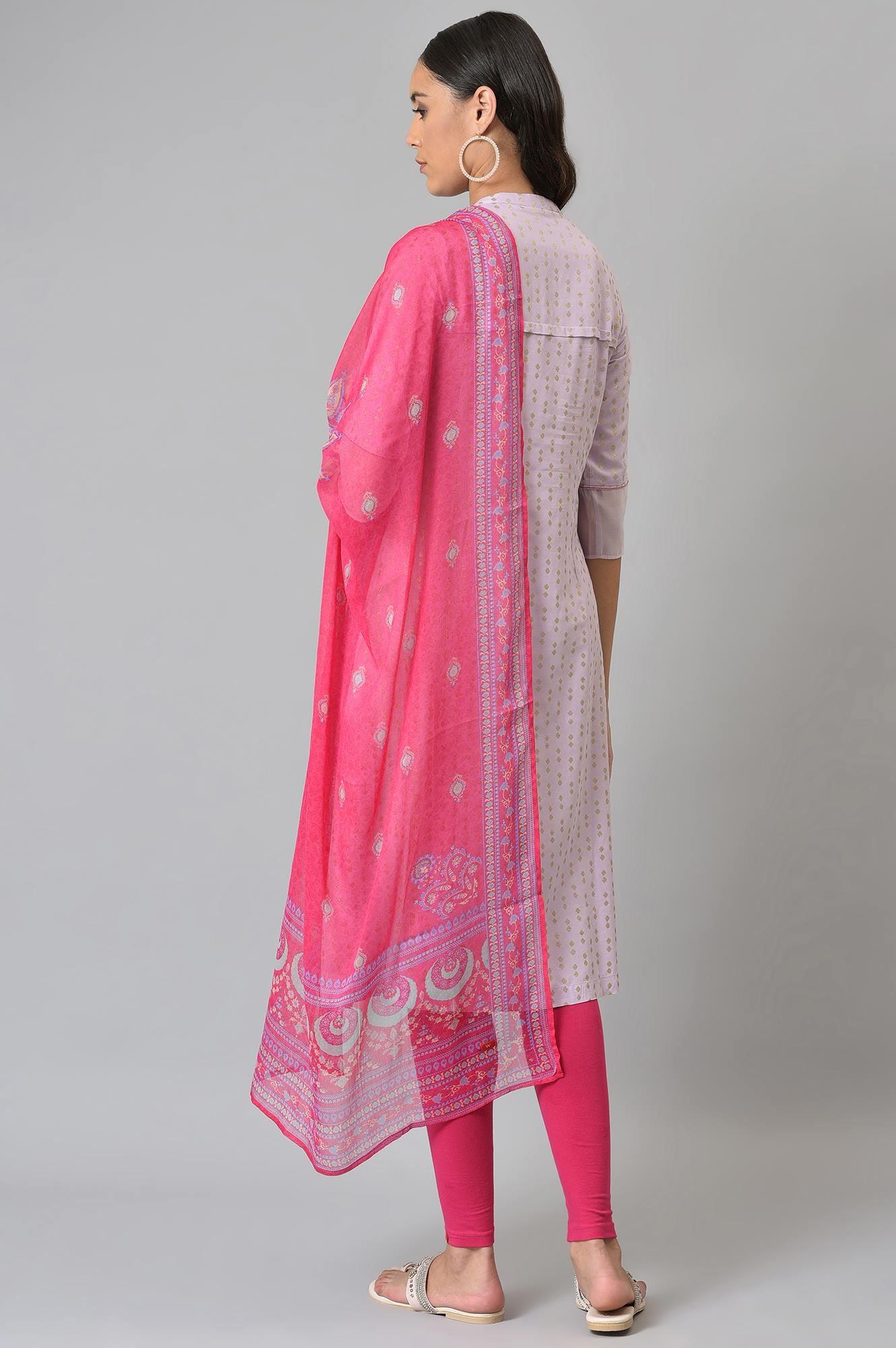 Light Purple Embroidered kurta With Pink Tights And Dupatta - Image 2