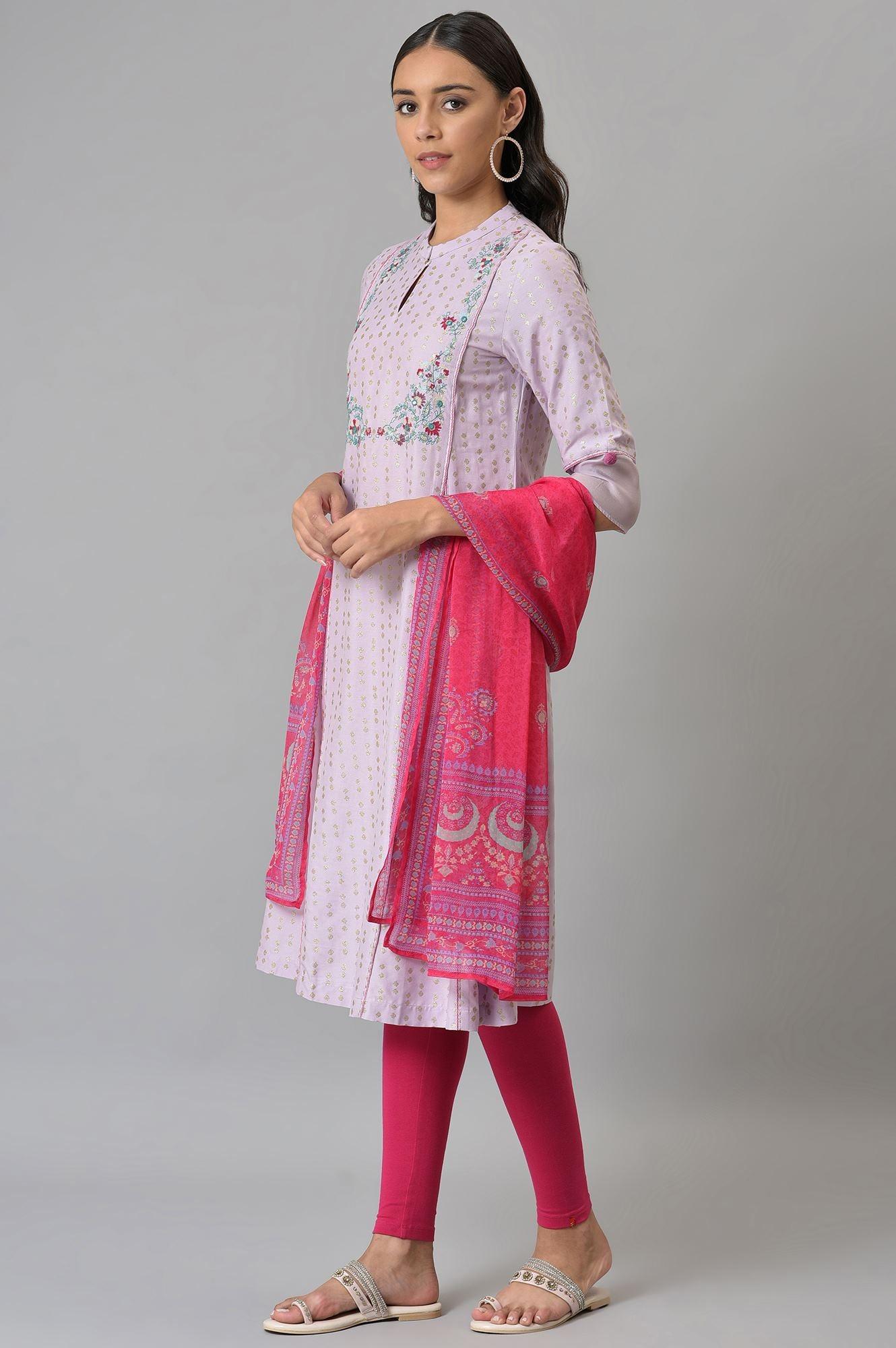 Light Purple Embroidered kurta With Pink Tights And Dupatta - Image 3