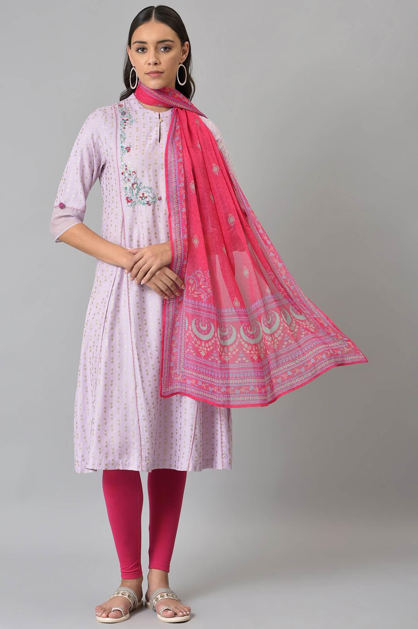 Light Purple Embroidered kurta With Pink Tights And Dupatta - Image 9