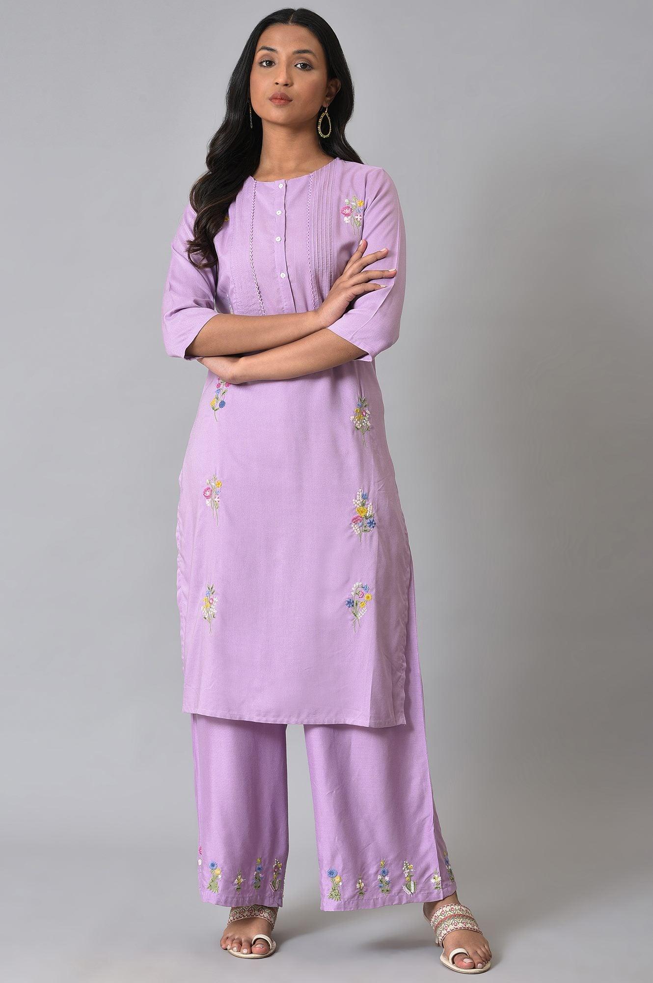 Light Purple Embroidered kurta With Pintucks - Image 6