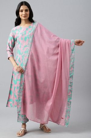 Light Purple Floral Print Straight kurta with Pants and Dupatta