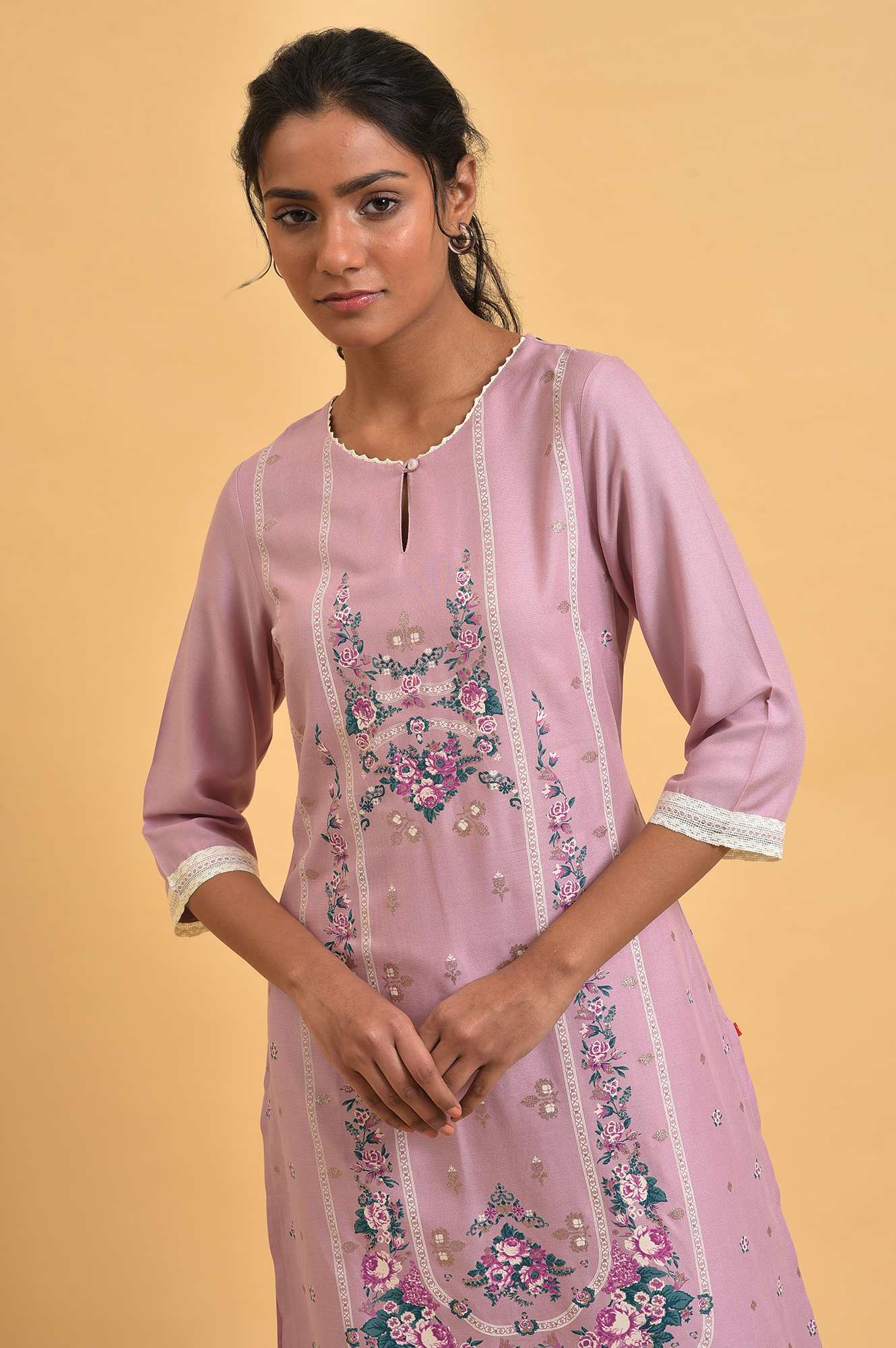 Light Purple Floral Printed Lace Rayon Straight Kurta and Parallel Pant Set - Image 2